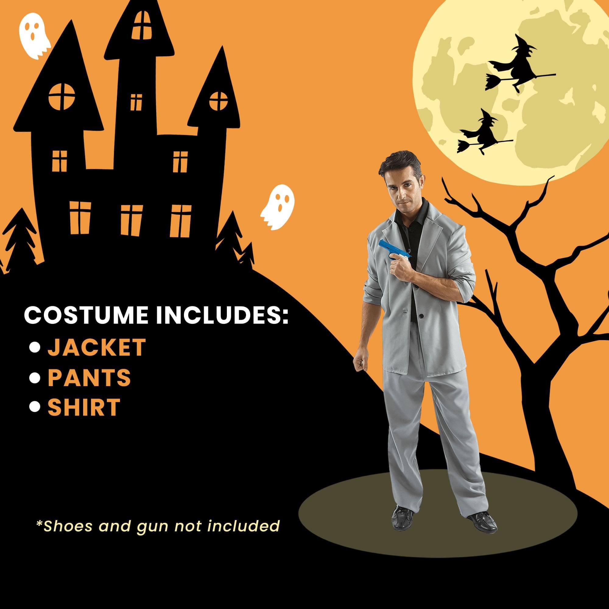 COSTUME INCLUDES:  
- JACKET  
- PANTS  
- SHIRT  

*Shoes and gun not included