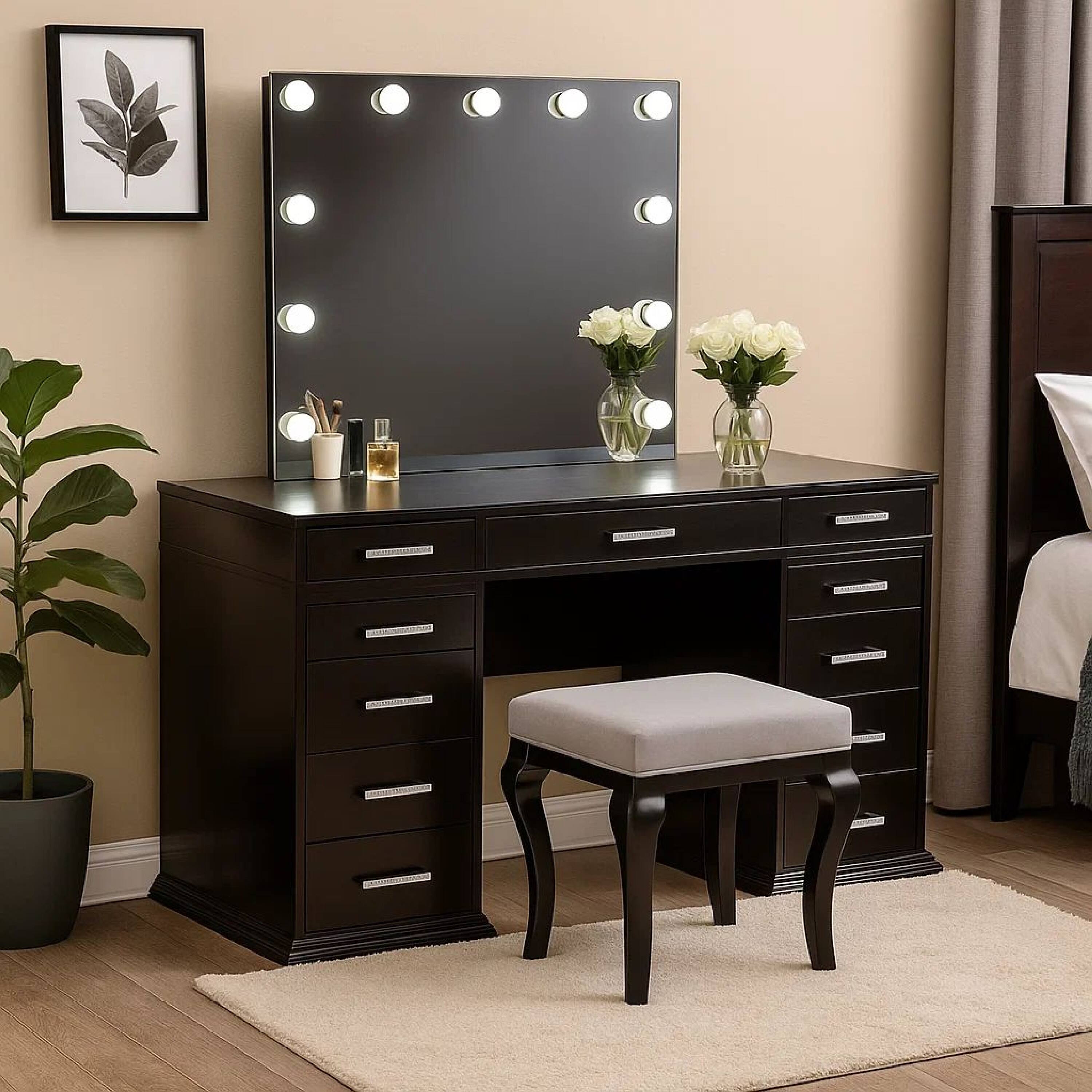 Alt View 6. Manhattan Lane - Vaz 3pc LED Mirror Vanity Table Set w Padded Stool, Glass Top - Obsidian Gray, Clear.