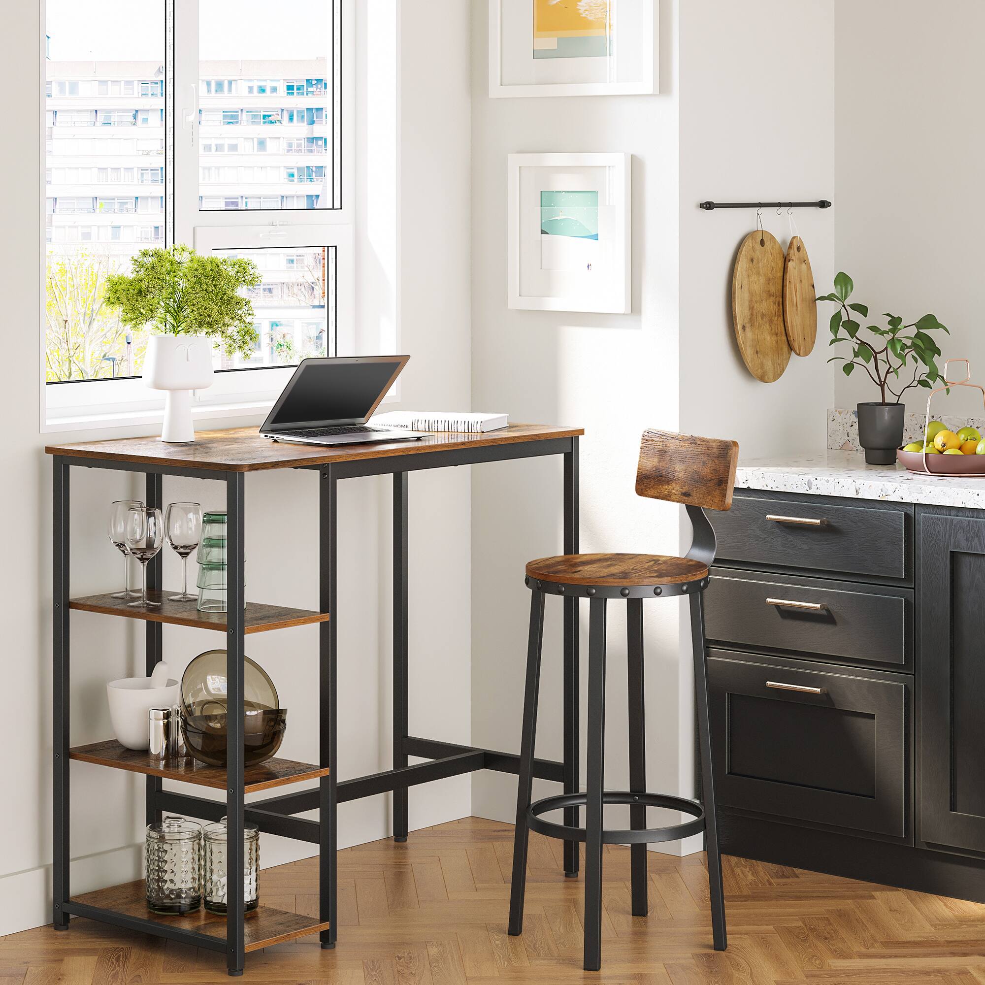 Angle. Songmics Home - Bar Table with 3 Storage Shelves and Stable Steel Structure, Computer Desk, Industrial, 23.6" W - Rustic.