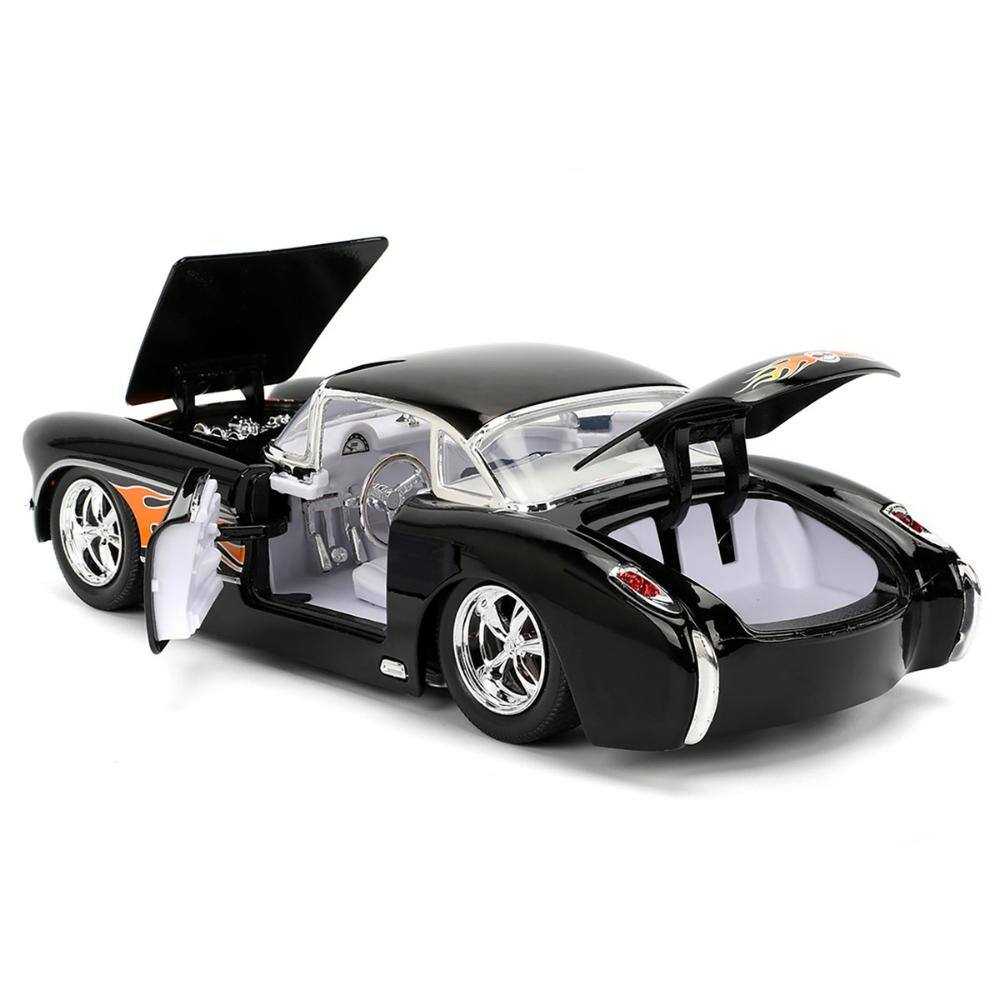 Back. Jada - 1957 Chevrolet Corvette Black with Flame Graphics and White Interior "Bigtime Muscle" Series 1/24 - Black and White.