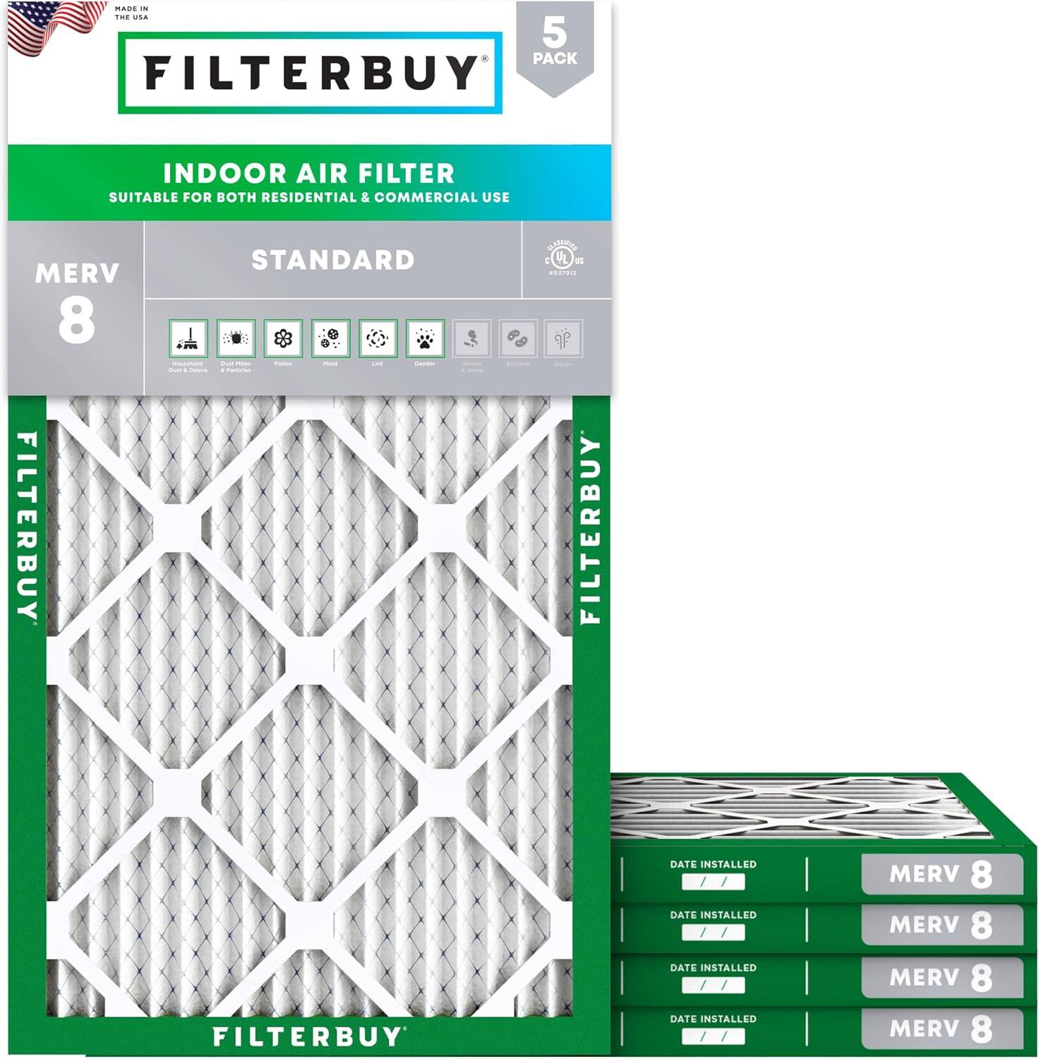 Filterbuy - 12x20x1 MERV 8 Dust & Allergy Defense, Electrostatic Pleated HVAC AC Furnace Air Filters Replacement (5-Pack) - Silver