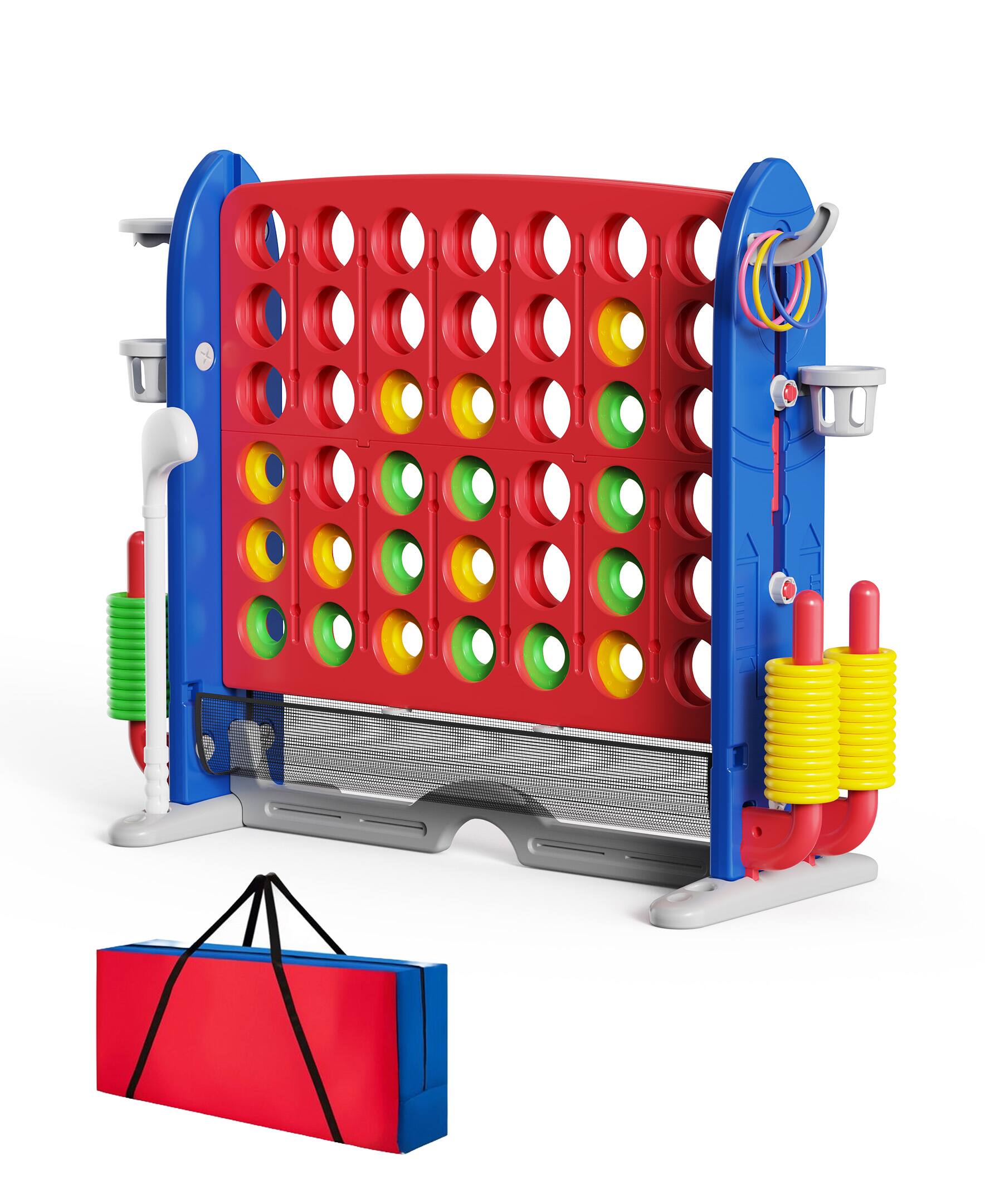 Angle. Sugift - Giant 4-in-A Row Game Set for Kids and Adults with Basketball Hoop and Carrying Bag - Red.