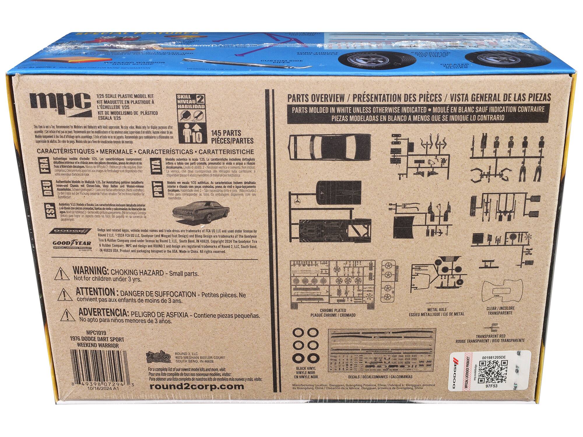 Sure, here is the corrected and grouped text from the image:

---

**mpc**

**1/25 SCALE PLASTIC MODEL KIT**  
**KIT MAQUETTE EN PLASTIQUE À L'ÉCHELLE DE 1/25**  
**KIT DE MODELLISMO DE PLÁSTICO ESCALA 1/25**

**145 PARTS**  
**PIECES/PARTES**  
**PIECES**  
**PARTS**

**CARACTERÍSTIQUES - MERKMALE - CARACTERÍSTICAS - CARATTERISTICHE**  
**AUTHENTIQUE - AUTHENTIQUE - AUTHENTIQUE - AUTHENTIQUE**

**WARNING: CHOKING HAZARD - Small parts. Not for children under 3 yrs.**  
**ATTENTION: DANGER DE SUFFOCATION - Petites pièces. Ne convient pas aux enfants de moins de 3 ans.**  
**ADVERTENCIA: PELIGRO DE ASFIXIA - Contiene piezas pequeñas. No apto para niños menores de 3 años.**

**GOOD YEAR**  
**Dodge and related logos, vehicle model names and trade dress