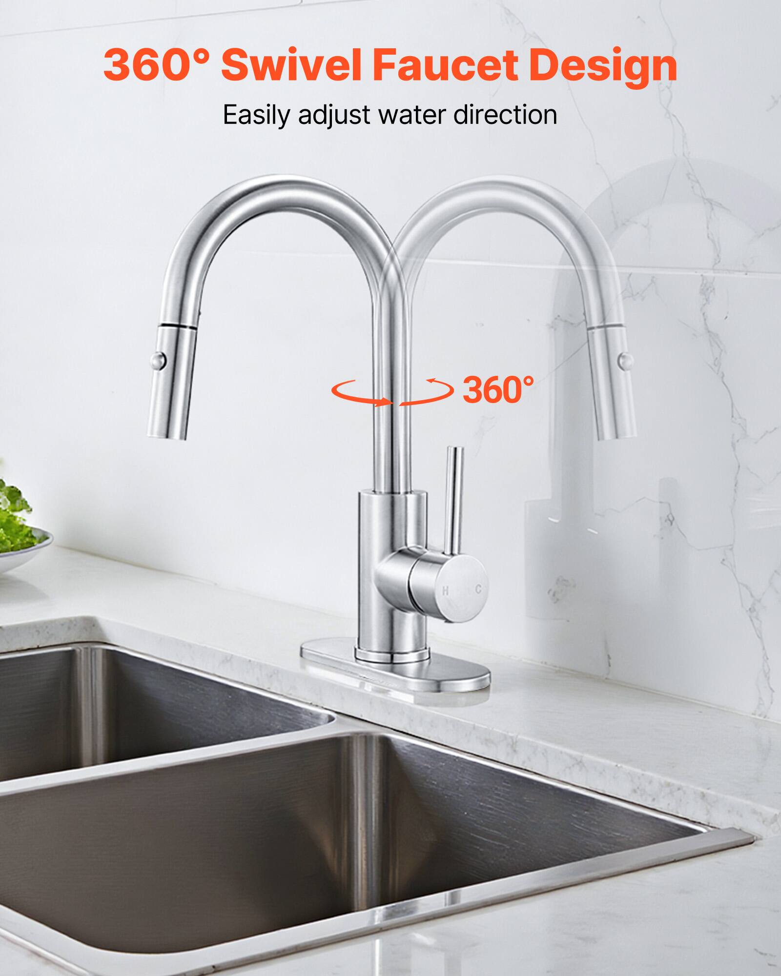 360° Swivel Faucet Design  
Easily adjust water direction  
360°
