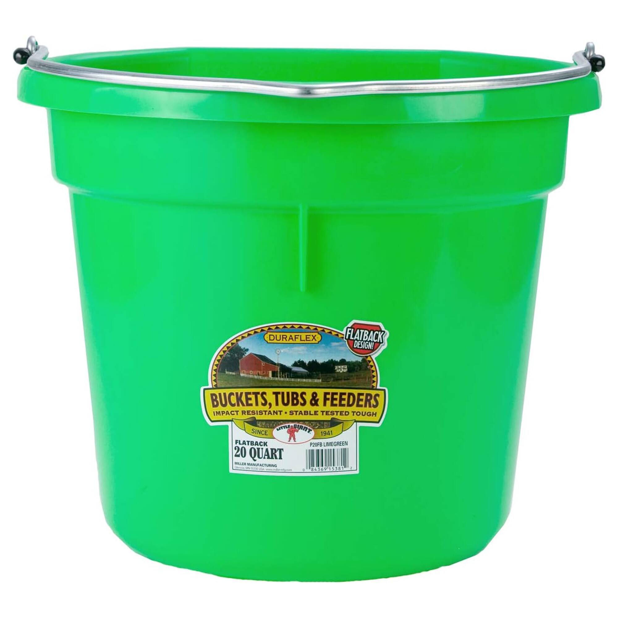 DURAFLEX FLATBACK DESIGNED BUCKETS, TUBS & FEEDERS IMPACT RESISTANT STABLE TESTED TOUGH SINCE 1941 X FLATBACK POOH LIME GREEN 20 QUART LRURS 6551 15EO
