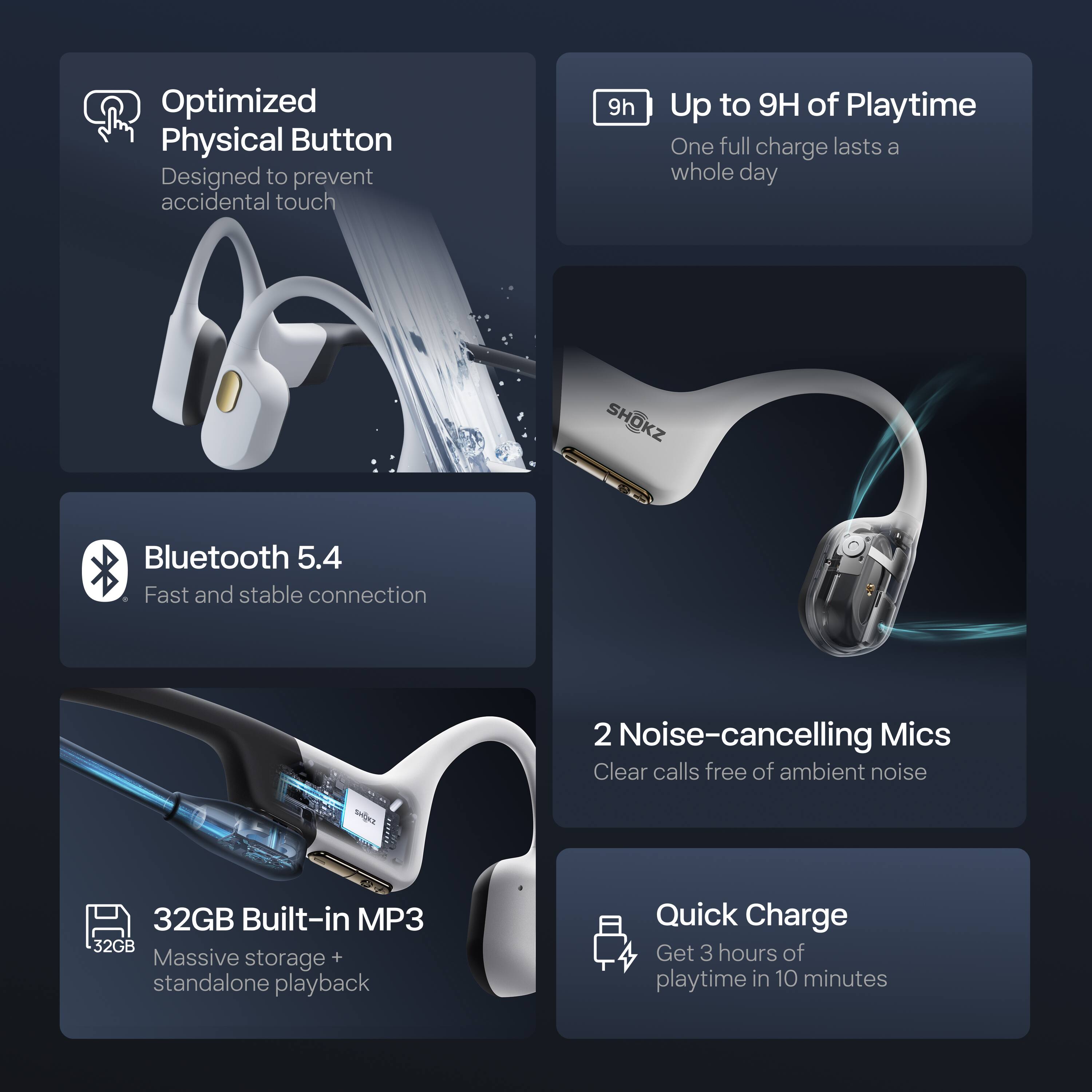 - Optimized Physical Button
  - Designed to prevent accidental touch

- Up to 9H of Playtime
  - One full charge lasts a whole day

- Bluetooth 5.4
  - Fast and stable connection

- 2 Noise-cancelling Mics
  - Clear calls free of ambient noise

- 32GB Built-in MP3
  - Massive storage + standalone playback

- Quick Charge
  - Get 3 hours of playtime in 10 minutes