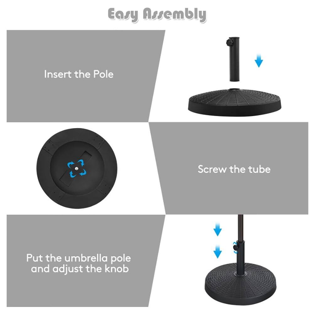 Easy Assembly

1. Insert the Pole
2. Screw the tube
3. Put the umbrella pole and adjust the knob
