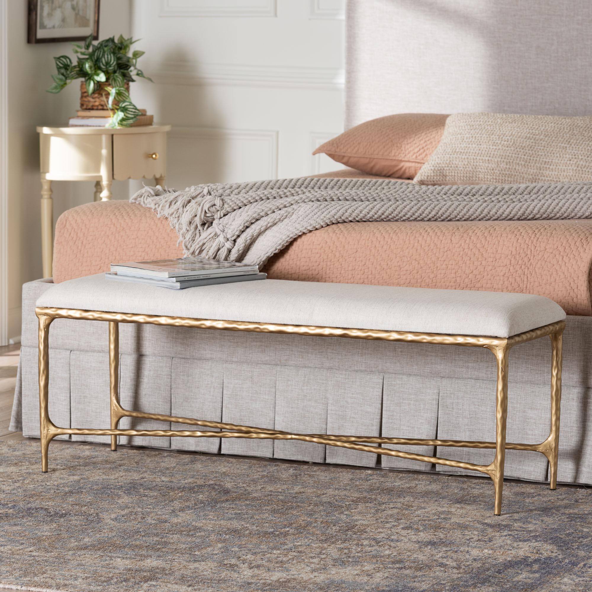 Alt View 2. Baxton Studio - Fumiye Bench - Modern Rustic Accent Seating with Hand-Forged Metal Frame and Upholstered Cushion - Ivory/Gold.