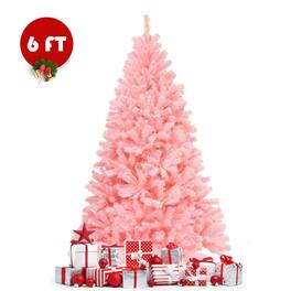 WELLFOR - 6ft Unlit Hinged Artificial Christmas Tree with 1036 Branch Tips & Metal Stand for Holiday Indoor Decoration - Pink