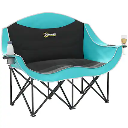 Front. Outsunny - Double Camping Chair for Adults, Padded Folding Camp Chair for 2 Person with Armrest, Wine Glass Holder, Cup Holder - Green.
