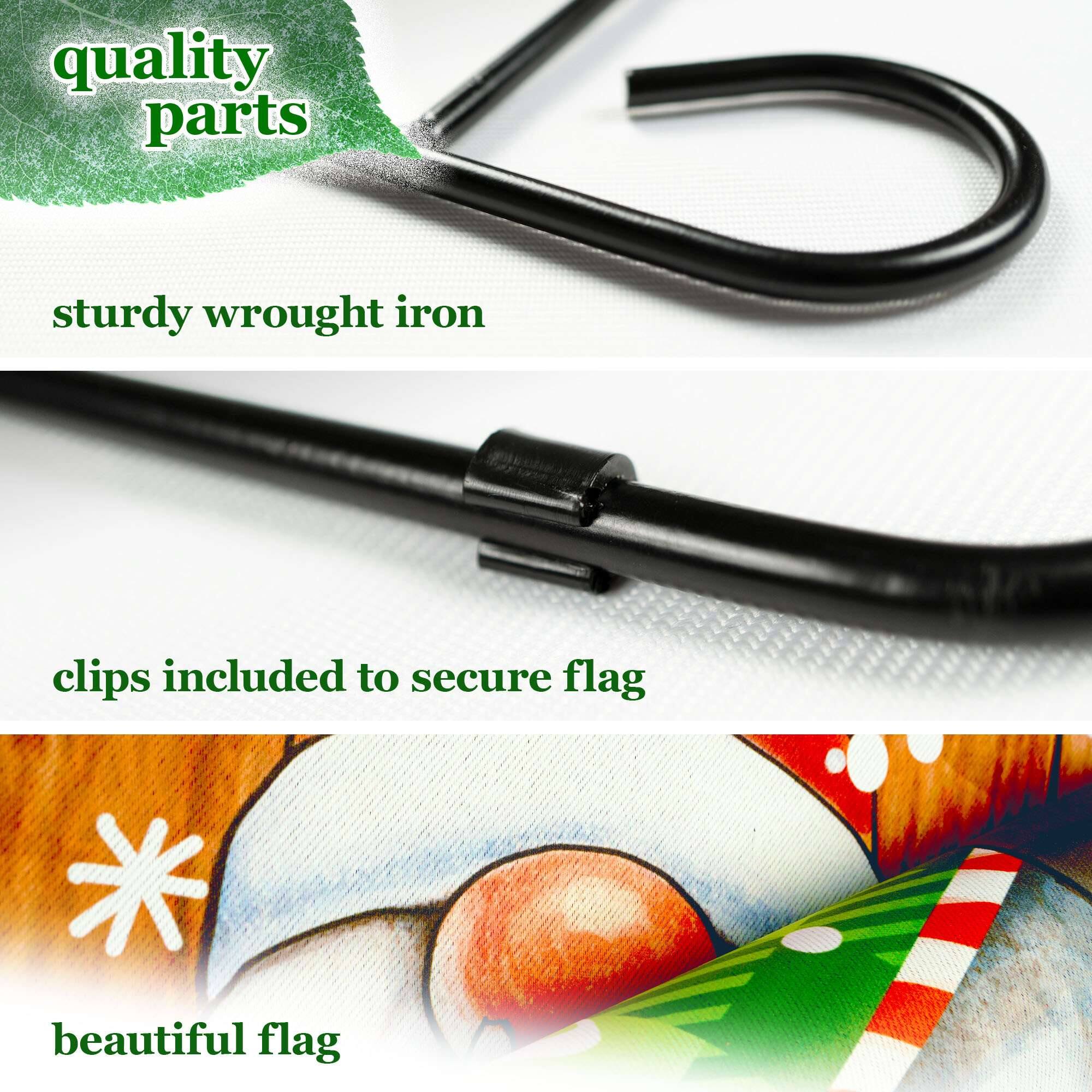 quality parts  
sturdy wrought iron  
clips included to secure flag  
beautiful flag