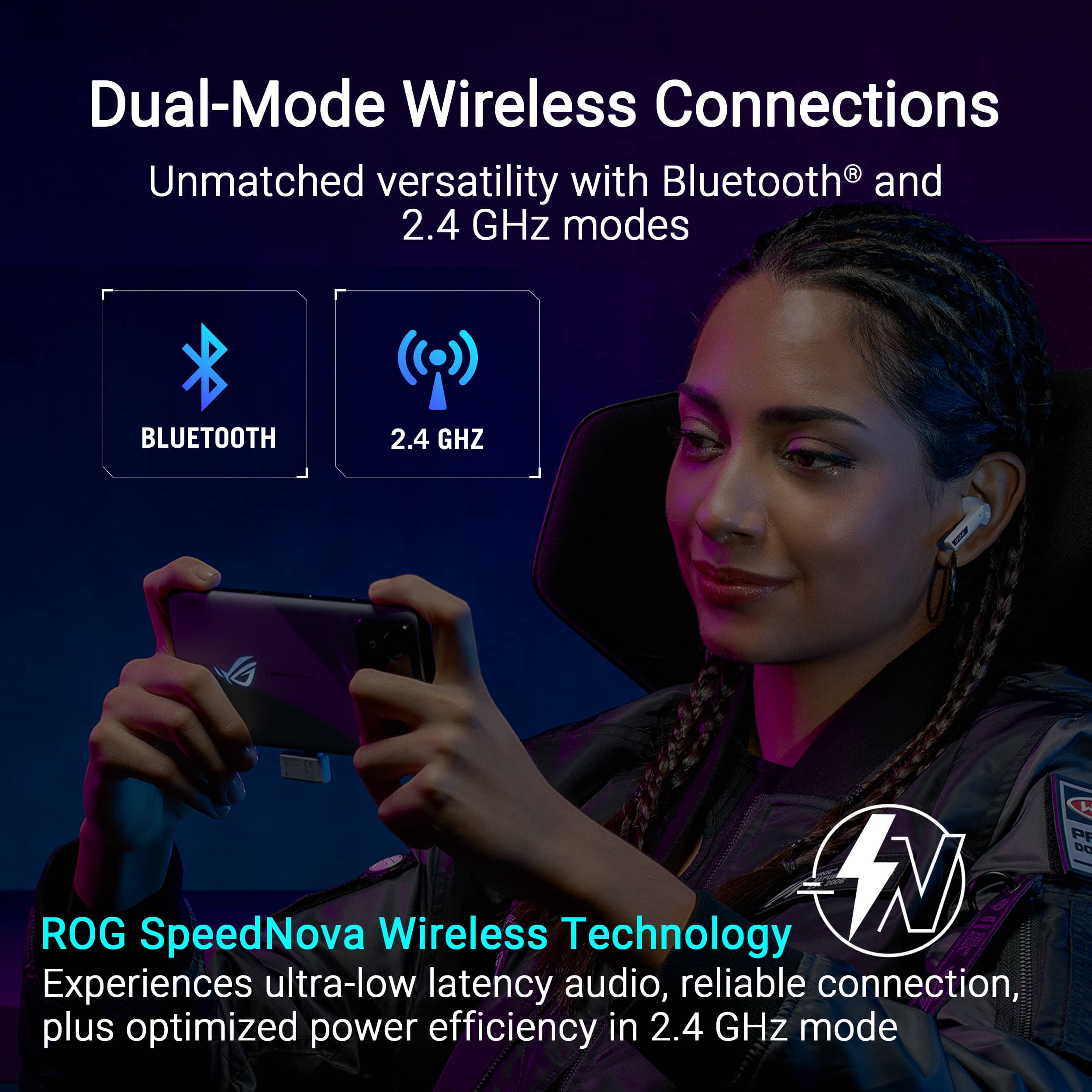 Dual-Mode Wireless Connections: Unmatched versatility with Bluetooth and 2.4 GHz modes. Experience ultra-low latency audio, reliable connection, and optimized power efficiency in 2.4 GHz mode with ROG SpeedNova Wireless Technology.