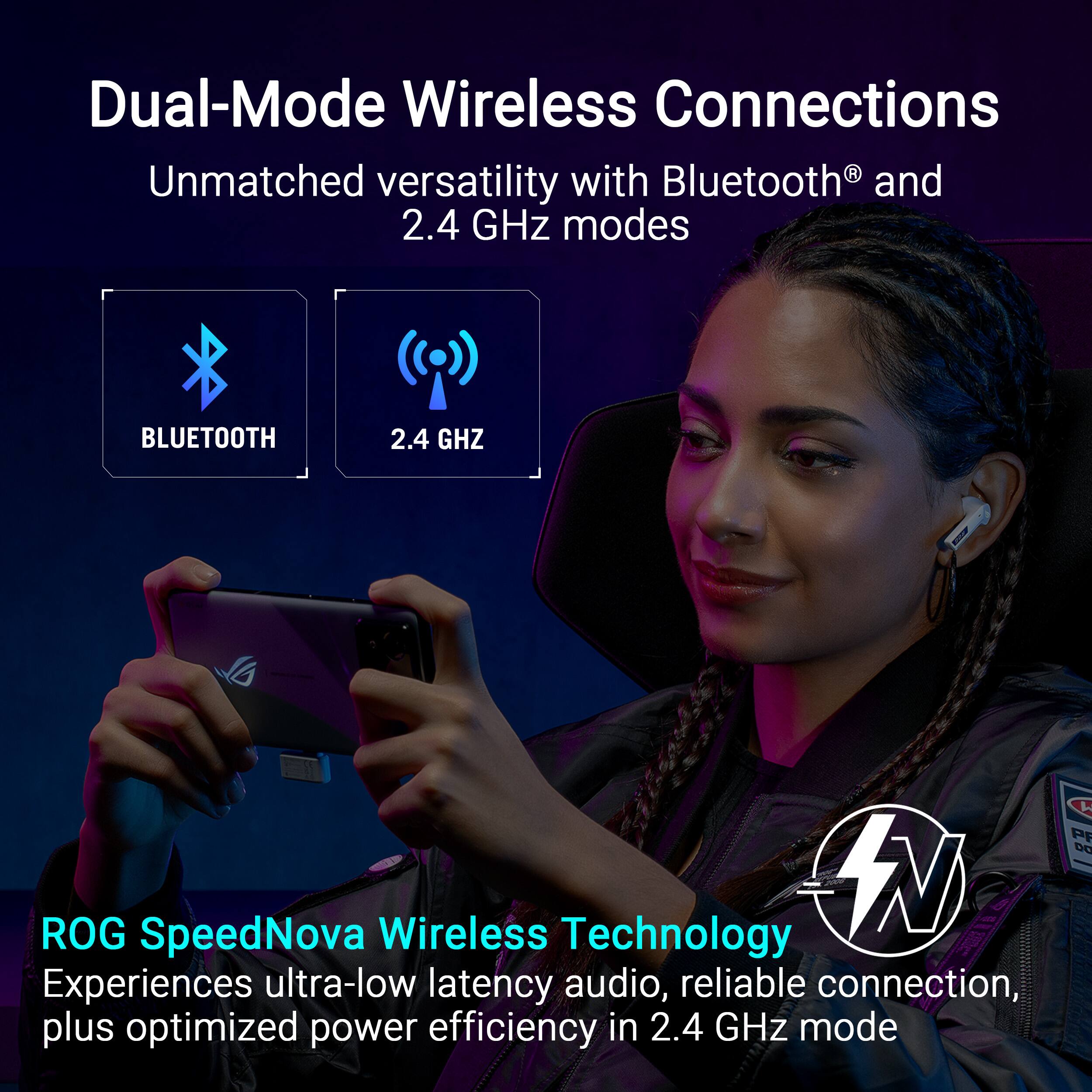 Dual-Mode Wireless Connections: Unmatched versatility with Bluetooth and 2.4 GHz modes. Experience ultra-low latency audio, reliable connection, and optimized power efficiency in 2.4 GHz mode with ROG SpeedNova Wireless Technology.