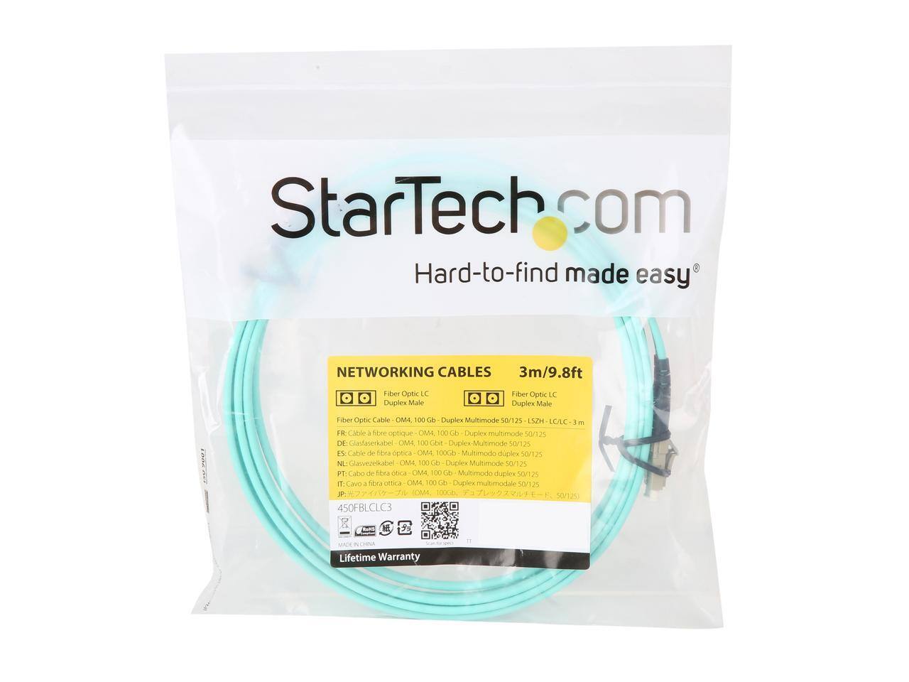 StarTech.com  
Hard-to-find made easy  

NETWORKING CABLES  
3m/9.8ft  

Fiber Optic LC Duplex Male  
Fiber Optic LC Duplex Male  

Fiber Optic Cable OM4 100 Gb Duplex Multimode 50/125 LSZH LC/LC 1m  

FR: Câble à fibre optique OM4 100 Gb Duplex multimode 50/125  
DE: Glasfaserkabel OM4 100 Gbit Duples Multimode 50/125  
ES: Cable de fibra óptica OM4 100Gb Multimodo duplex 50/125  
NL: Glasvezelkabel OM4 100G Duplex Multimode 50/125  
PT: Cabo de fibra óptica OM4 100Gb Multimodo duplex 50/125  
IT: Cavo a fibra ottica OM4 100 Gb Duplex multimodale 50/125  

450FBLCLC3  

