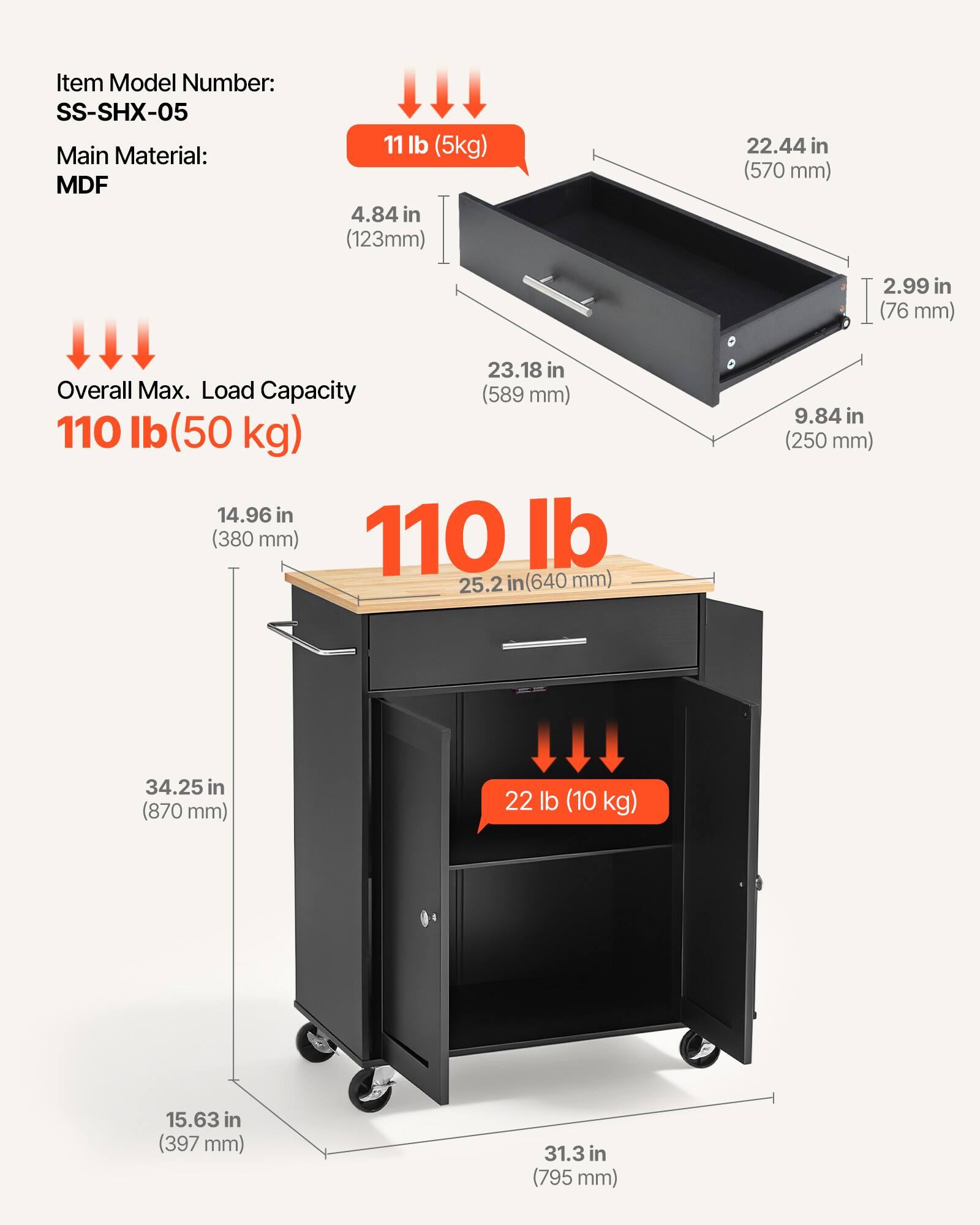 Item Model Number: SS-SHX-05  
Main Material: MDF  
11 lb (5kg)  
4.84 in (123mm)  
22.44 in (570 mm)  
2.99 in (76 mm)  
23.18 in (589 mm)  
Overall Max. Load Capacity: 110 lb (50 kg)  
14.96 in (380 mm)  
25.2 in (640 mm)  
9.84 in (250 mm)  
34.25 in (870 mm)  
22 lb (10 kg)  
15.63 in (397 mm)  
31.3 in (795 mm)