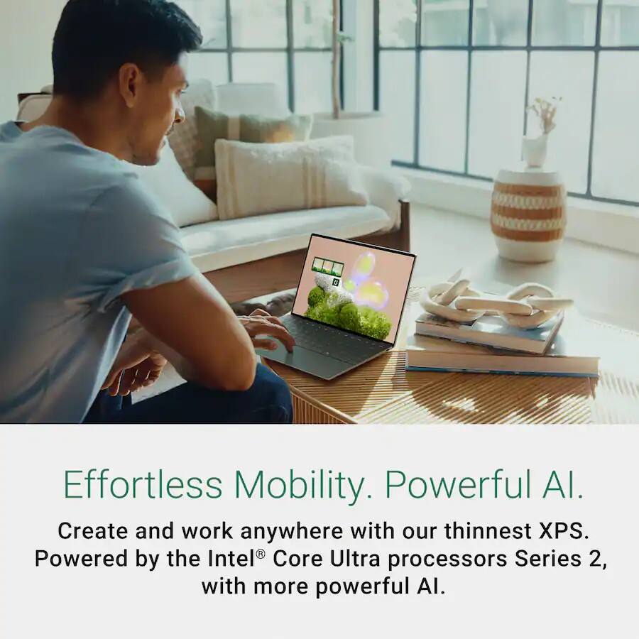 Effortless Mobility. Powerful AI.  
Create and work anywhere with our thinnest XPS.  
Powered by the Intel® Core Ultra processors Series 2, with more powerful AI.