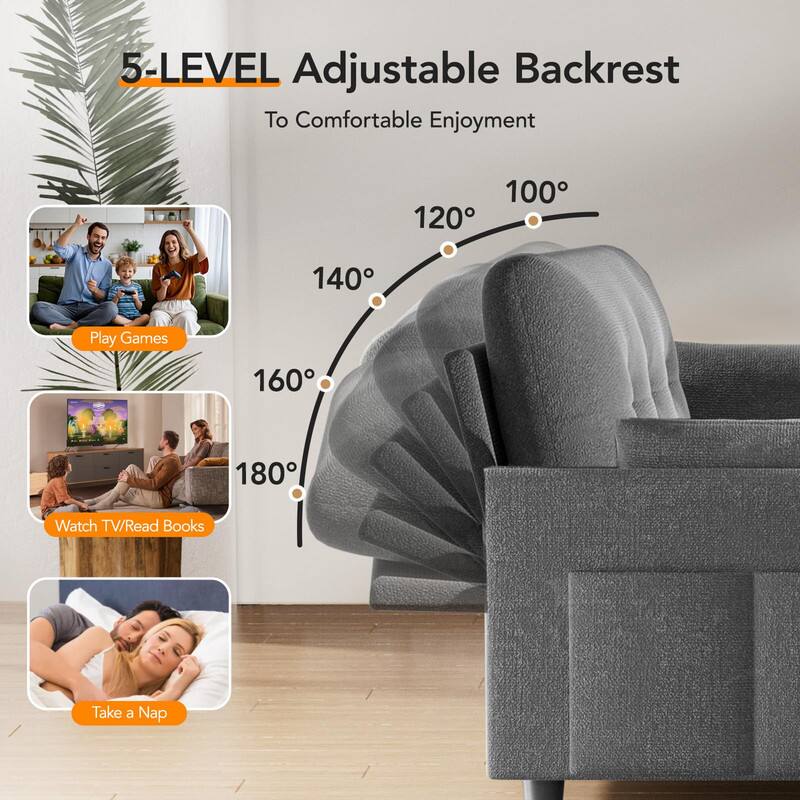 5-LEVEL Adjustable Backrest  
To Comfortable Enjoyment  

100°  
120°  
140°  
160°  
180°  

Play Games  
Watch TV/Read Books  
Take a Nap