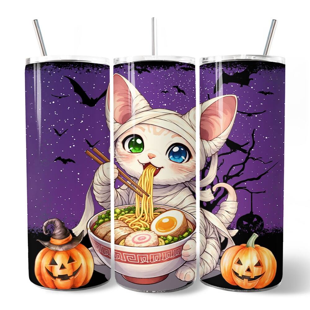 Front. OrnamentallyYou - Kawaii Halloween Ramen Sphynx Cat 20oz Tumbler With Lid and Stainless Steel Straw - Multicolored.
