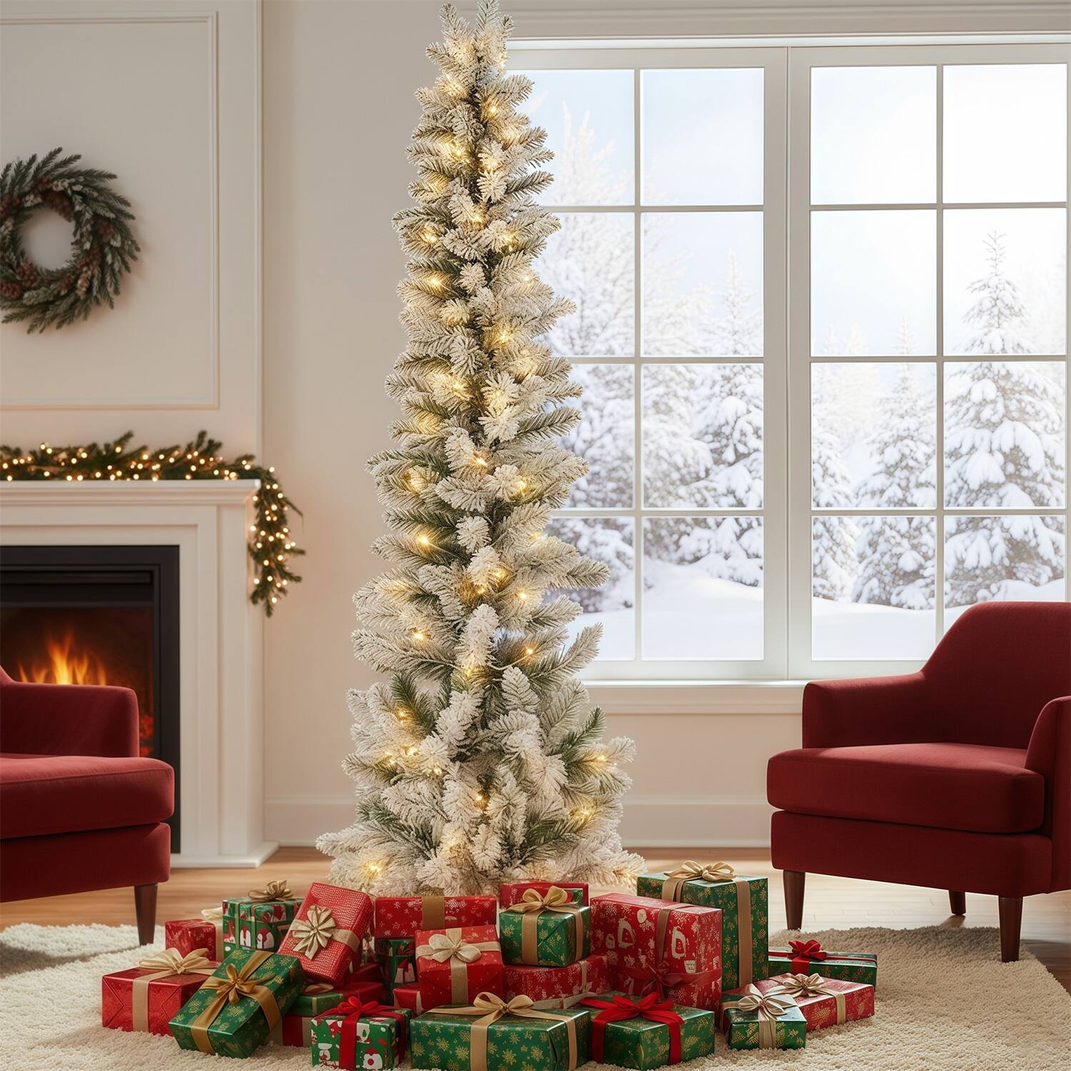 Front. Sweet - 9ft Snow Flocked Pencil Christmas Tree, Prelighted Artificial Slim Christmas Trees with 250 Lights, Foldable Base - White Flocking.