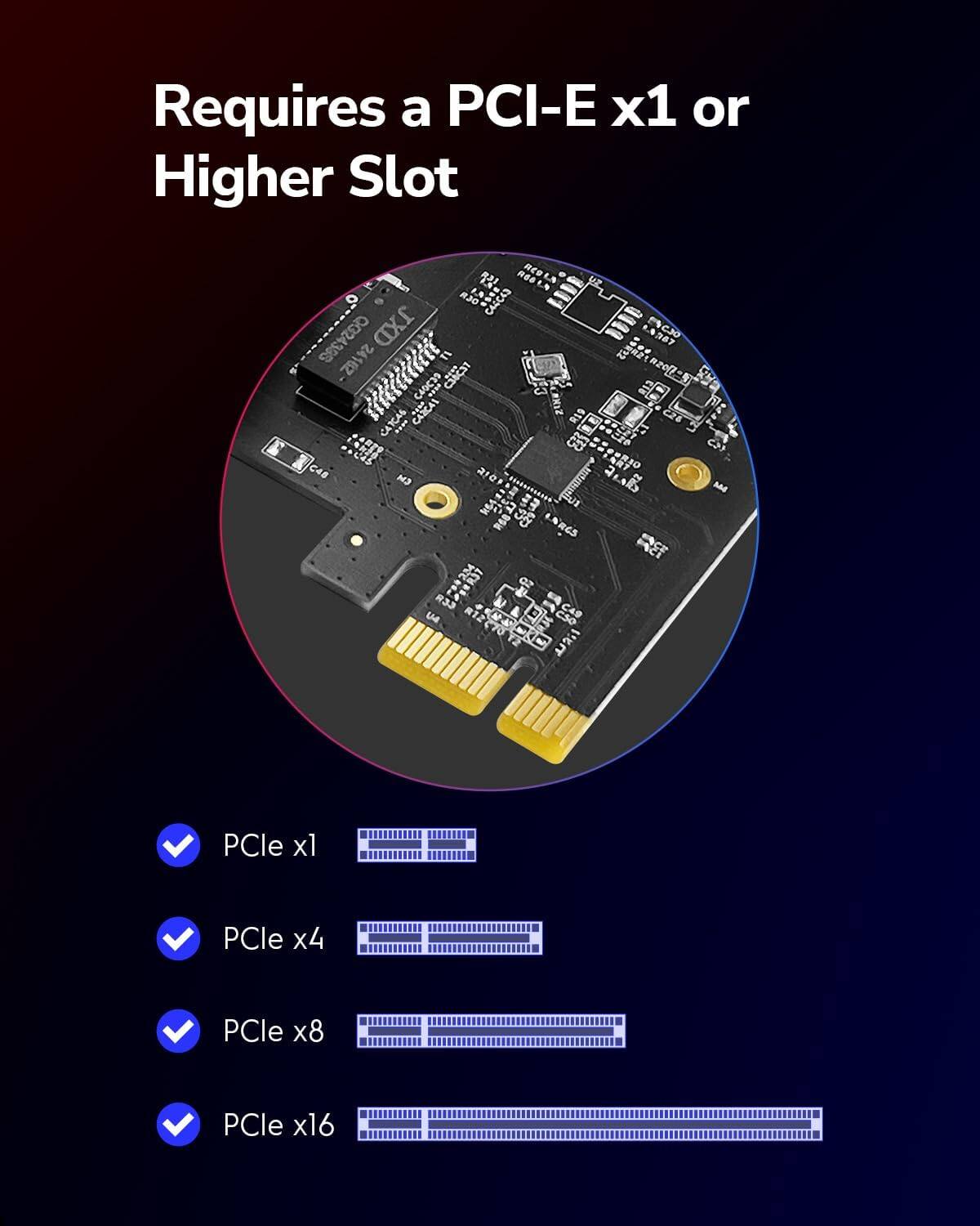 Requires a PCI-E x1 or Higher Slot

- PCIe x1
- PCIe x4
- PCIe x8
- PCIe x16