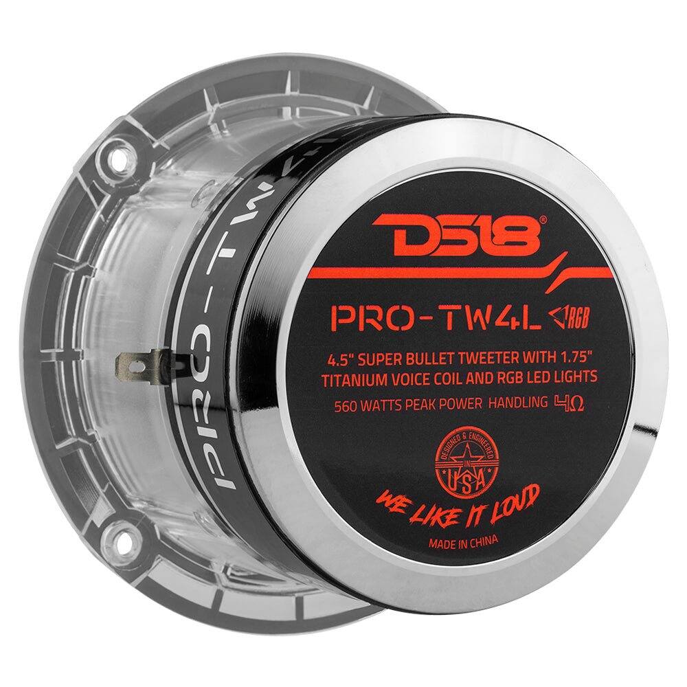 D518 PRO-TW4L 1968 4.5" SUPER BULLET TWEETER WITH 1.75" TITANIUM VOICE COIL AND RGB LED LIGHTS 560 WATTS PEAK POWER HANDLING 4Ω DESIGNED ENGINEERED USA WE LIKE IT LOUD MADE IN CHINA