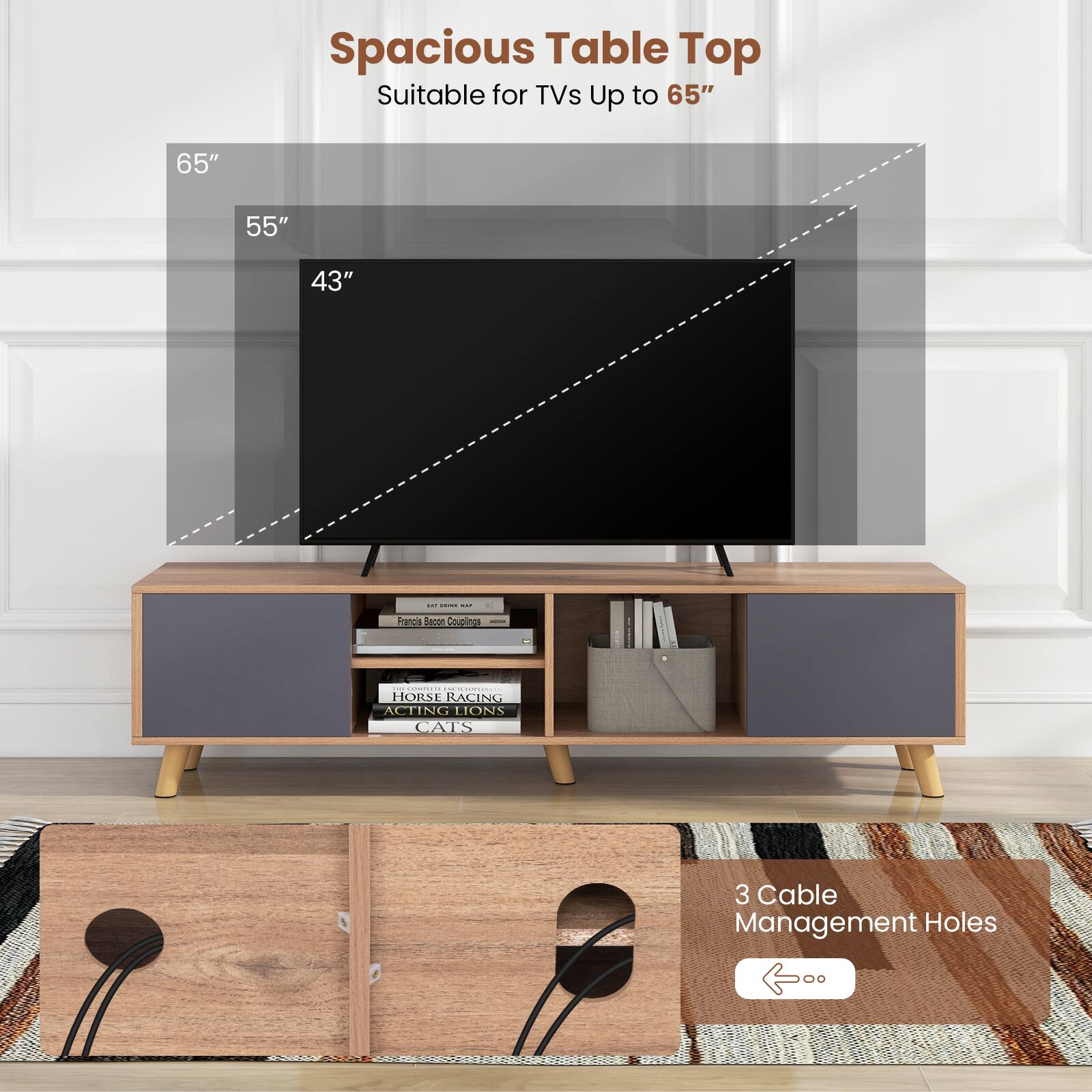 Spacious Table Top Suitable for TVs Up to 65" 65" 55" 43" : Fancia Bacon Coupling : HORSE RACING ACTING LIONS CATS : 3 Cable Management Holes