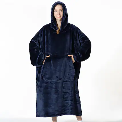 Front. Sweet Home Collection - Oversized Wearable Adult Blanket with Sleeves and Hood - Navy Blue.