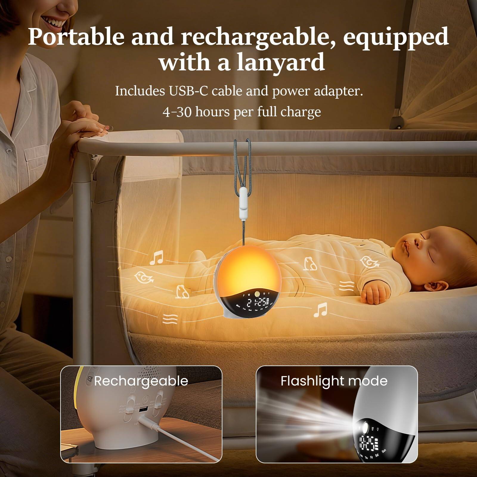 Portable and rechargeable, equipped with a lanyard. Includes USB-C cable and power adapter. 4-30 hours per full charge. Rechargeable Flashlight mode.