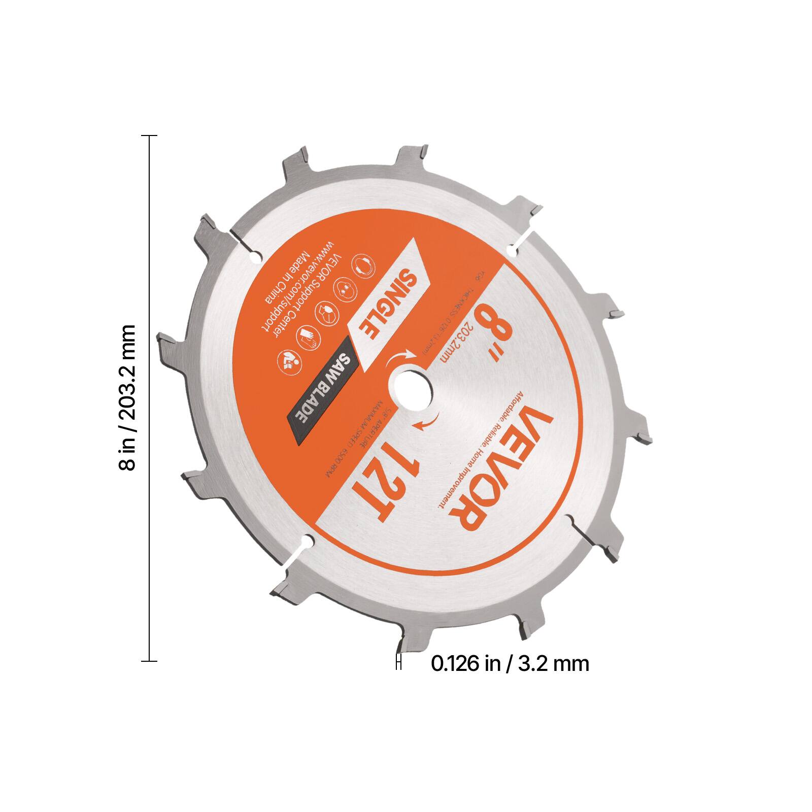 Sure, here is the corrected and grouped text:

- **VEVOR**
- **12T**
- **8"**
- **203.2mm**
- **0.126 in / 3.2 mm**
- **SINGLE BLADE**
- **Made in China**
- **www.vevor.com/support**
- **Affordable**
- **Reliable**
- **Home Improvement**
- **DOVH**