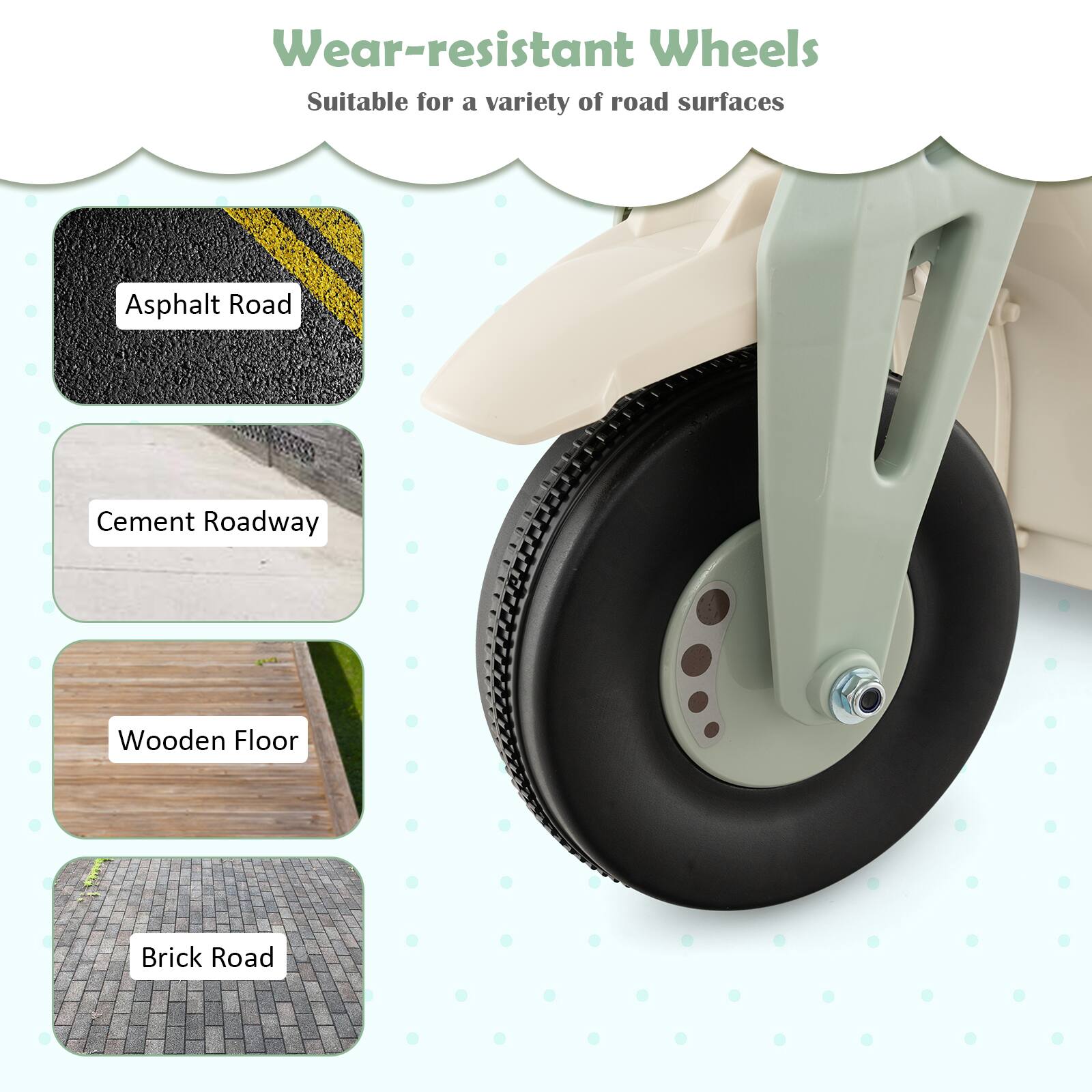 Wear-resistant Wheels  
Suitable for a variety of road surfaces  
- Asphalt Road  
- Cement Roadway  
- Wooden Floor  
- Brick Road
