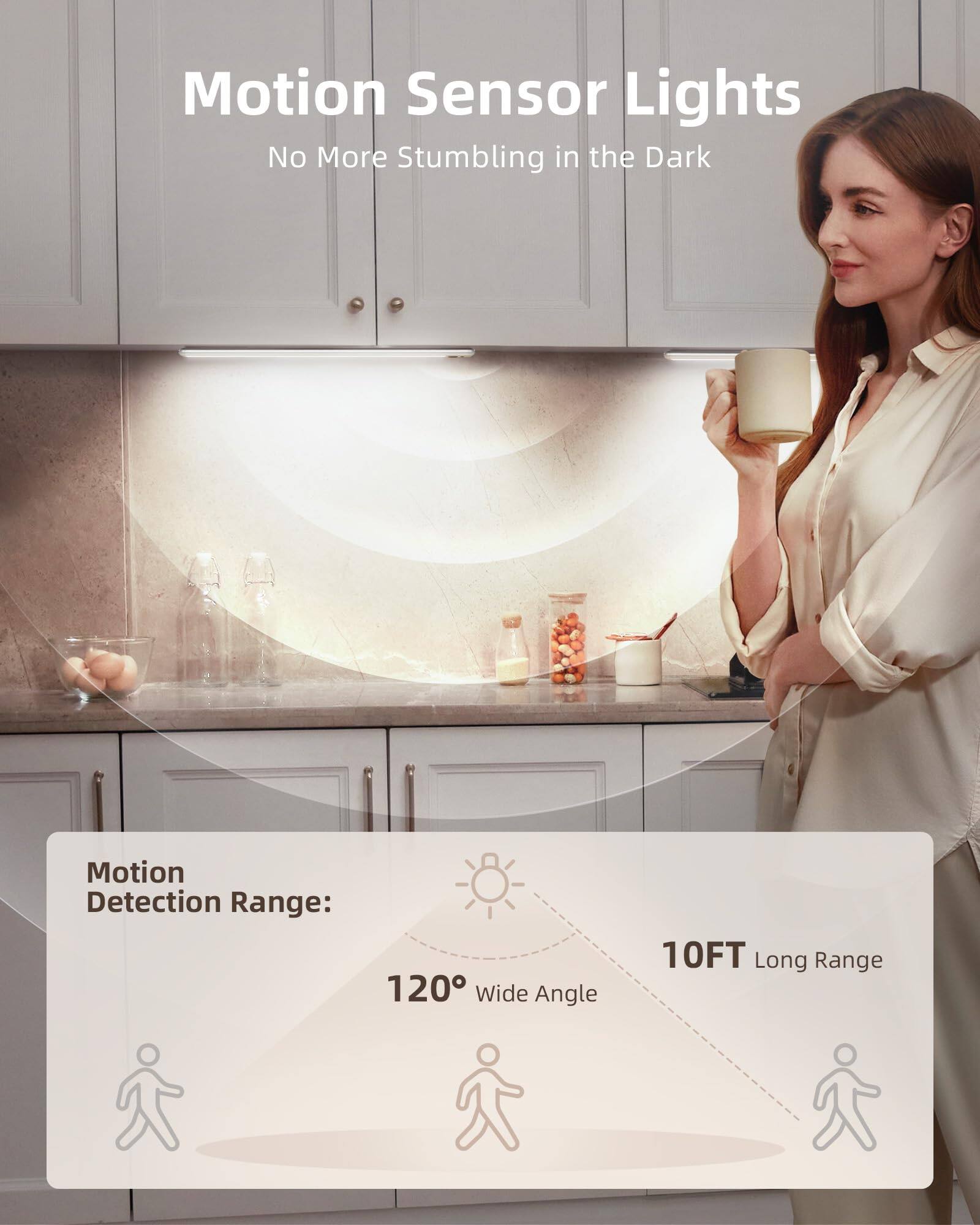 Motion Sensor Lights  
No More Stumbling in the Dark  

Motion Detection Range:  
120° Wide Angle  
10FT Long Range