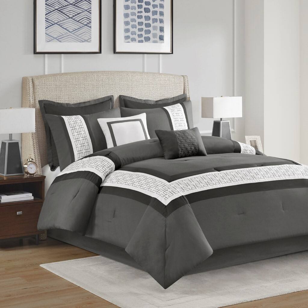 Alt View 1. Gracie Mills - Gracie Mills Aguilar 8-Piece Embroidered Hotel-Style Comforter Set - Dark Grey.