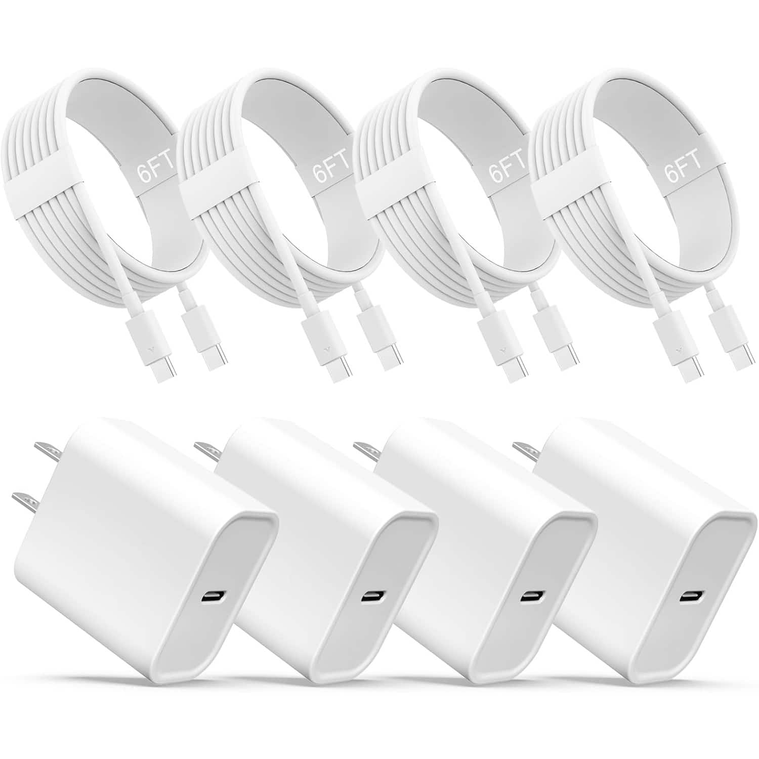 MOSZAR LLC - 4-Pack USB-C Fast Charger Blocks with 6FT Cables for iPhone 16/15/Pro/Max, iPad, AirPods, Samsung - White