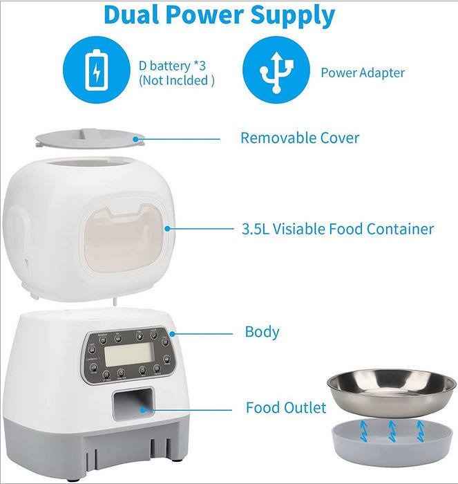 Dual Power Supply  
- D battery *3 (Not Included)  
- Power Adapter  
- Removable Cover  
- 3.5L Visible Food Container  
- Body  
- Food Outlet