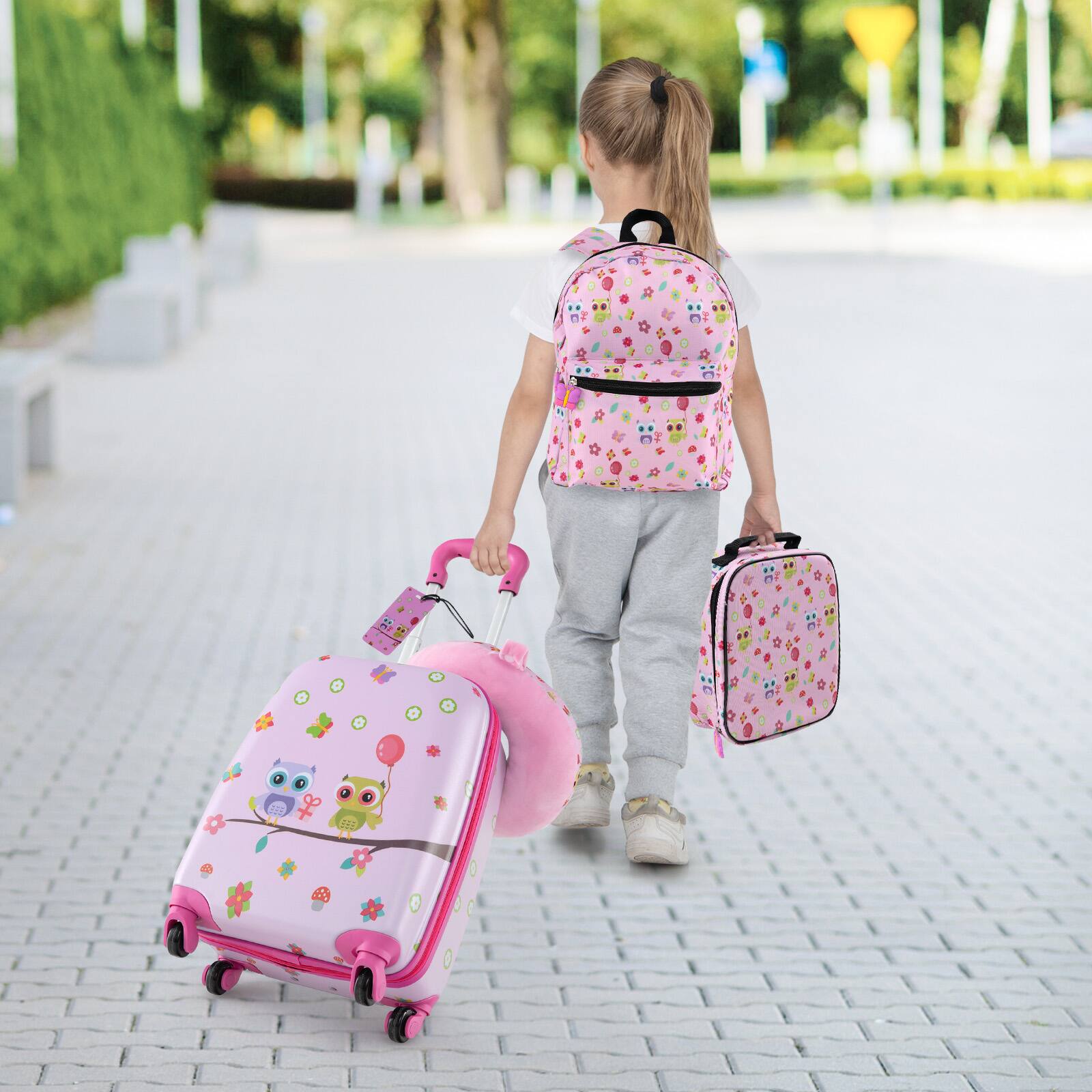 Alt View 1. Ecooso - 5-Piece Kids Luggage Set, Rolling Suitcase + Backpack + Lunch Bag + Neck Pillow + Name Tag - Pink.