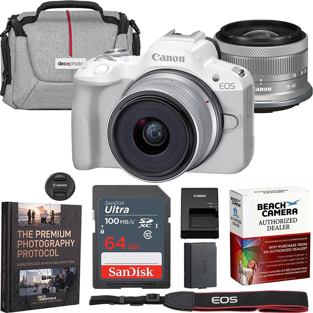 decophoto

Canon RE-SIE 45mm LERS F45-6-6.3 IS STM
EOS

anon
18 24.20 18-45

UNIGOS

Canon THE PREMIUM THE PHOTOGRAPHY PREMIUM PHOTOGRAPHY PROTOCOL MASTERCLASS IN HIGH-END OPERATIONS A PROTOCOL DECO ESSENTIALS VOLUME! VISUAL

SanDisk Ultra 100 MB/s SD XC I 64 GB SanDisk

AUTHORIZED DEALER Canon BERCH CAMERA - BEACH CAMERA AUTHORIZED DEALER AUTHORIZED DEALER AUTHORIZED OCALER BEACHCAMERA SAFULLY PURCHASE FROM WHY DEALER? AN AUTHORIZED Ensures, product & genuine Canon support services Access  specialized repair faciltes service and Authorized honored when warranties  NOT sellert Product from an unauthorized you purchase EOS