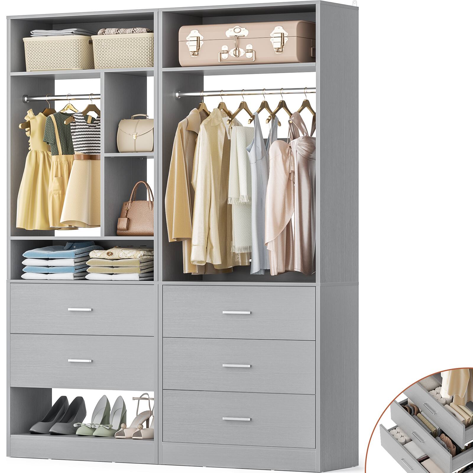 Angle. Aheaplus - Heavy Duty 48-Inch Walk-in Closet Organizer: 5 Wood Drawers, 2 Hanging Rods, 7 Shelves (48x15x80 in) - Gray.