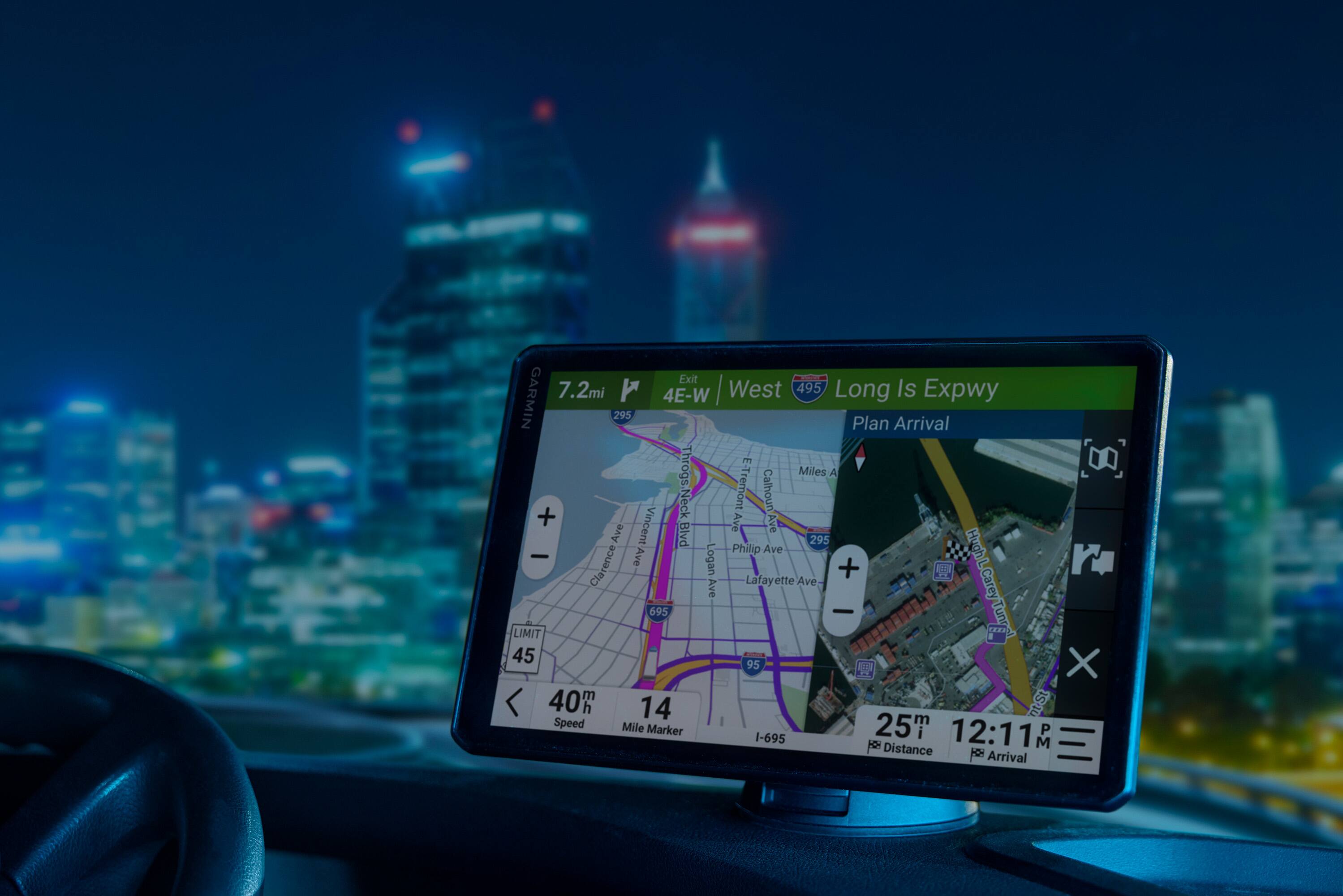 Exit 7.2mi West 495 Long Is Expwy  
GARMIN 4E-W  
295  
Plan Arrival  
Throgs Neck E-Tremont Calhoun + Vincent Ave  
Ave Ave Blvd  
295 - Ave Logan Philip Ave  
Hugh L r Clarence Ave Lafayette Ave + E Carey  
695 -  
ED LIMIT 45  
95 X 40m  
14 nt.St  
Speed Mile Marker 25 m I-695 POI  
Distance 12:11 Arrival