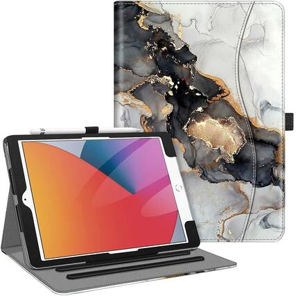Front. Kitcheniva - Protective Stand Case For iPad 9th 8th 7th Generation 10.2 Inch With Pocket Holder Cloudy Marble - Cloudy Marble.