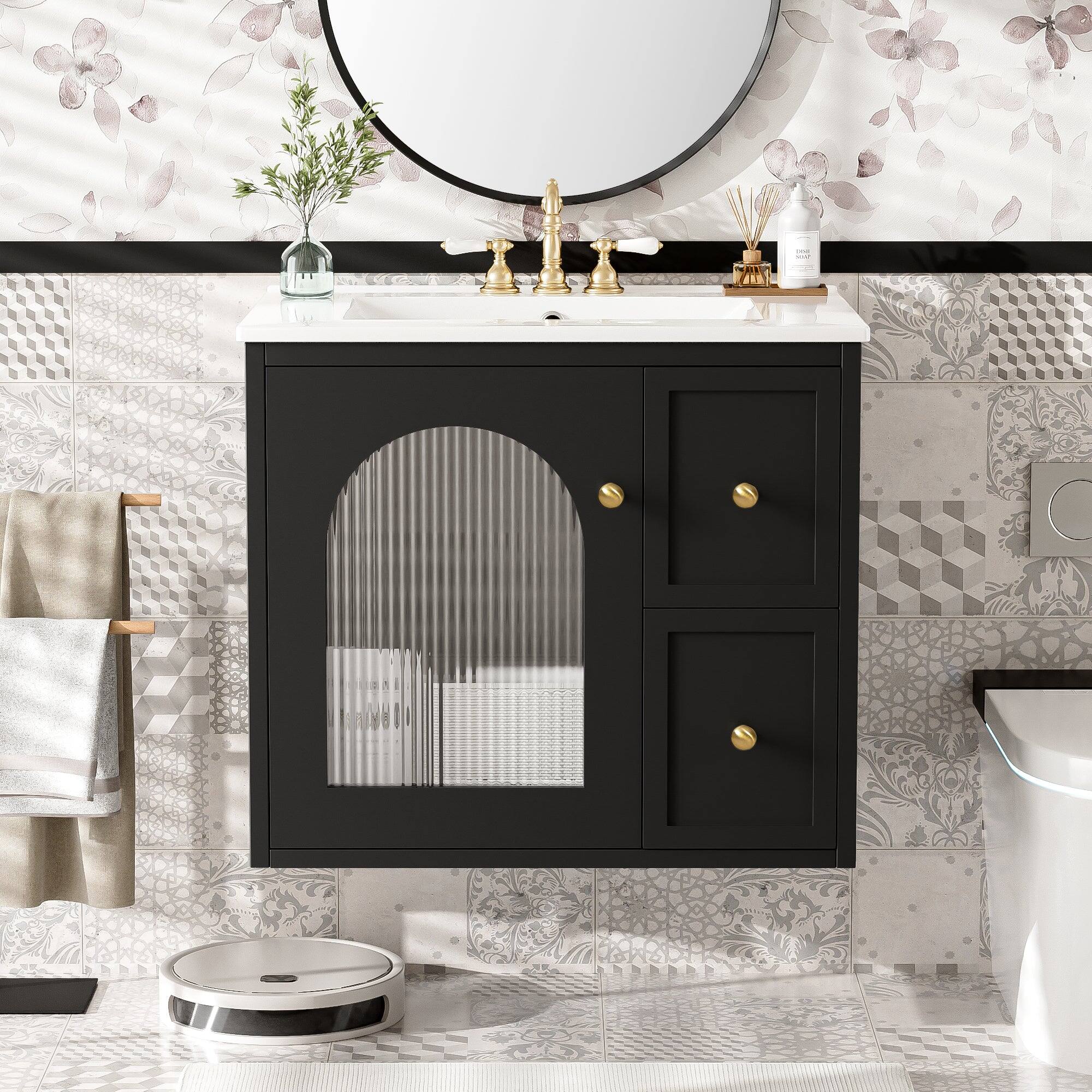 Alt View 1. Boyel Living - 24 Inch Wall Mounted Bathroom Vanity with Ceramic Sink Two Drawers One Door Black - Black.