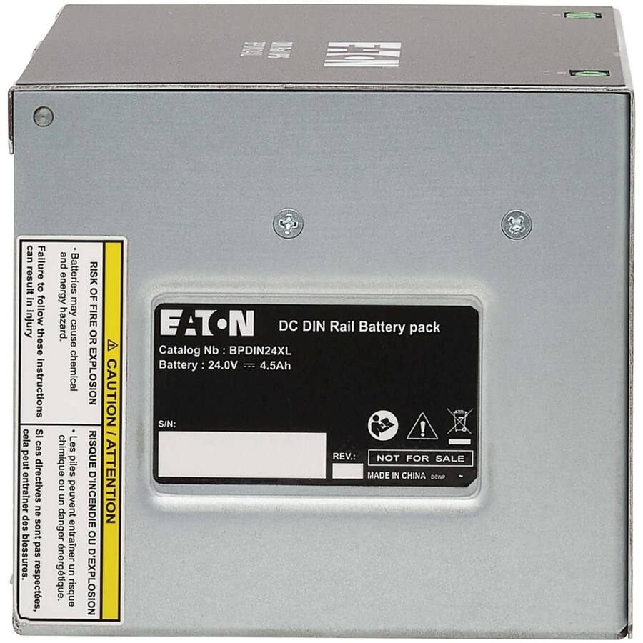 **DC DIN Rail Battery pack**

**EATON**

**Catalog Nb:** BPDIN24XL  
**Battery:** 24.0V - 4.5Ah  
**S/N:** [Blank]  
**REV:** [Blank]  
**NOT FOR SALE**  
**MADE IN CHINA**

---

**RISK OF FIRE OR EXPLOSION**  
**CAUTION**

Failure to follow these instructions can result in injury or death.  
Batteries may cause chemical energy to be released.  
These instructions must be followed to avoid chemical energy release.

**RISQUE D'INCENDIE OU D'EXPLOSION**  
**ATTENTION**

Si ces directives ne sont pas respectées, cela peut entraîner des blessures.  
Les piles peuvent entraîner un risque d'explosion ou de décharge chimique.  
Les instructions doivent être suivies pour éviter les blessures.