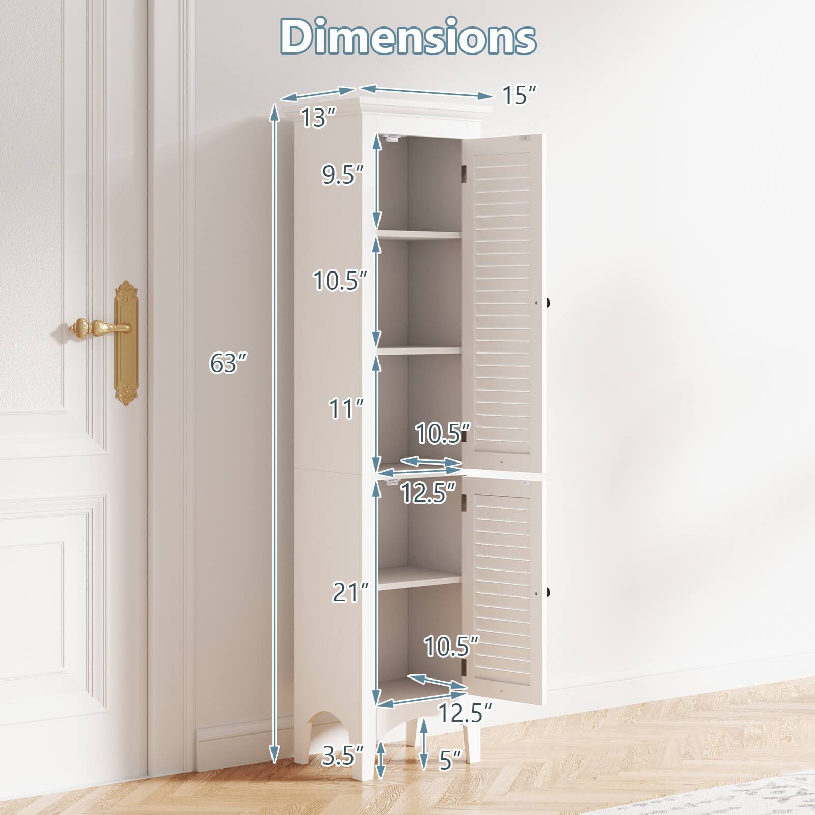 Dimensions  
15" (width)  
13" (height)  
9.5" (depth)  
63" (total height)  
11" (shelf spacing)  
21" (shelf depth)  
3.5" (base depth)  
10.5" (shelf height)  
12.5" (shelf width)  
5" (shelf spacing)
