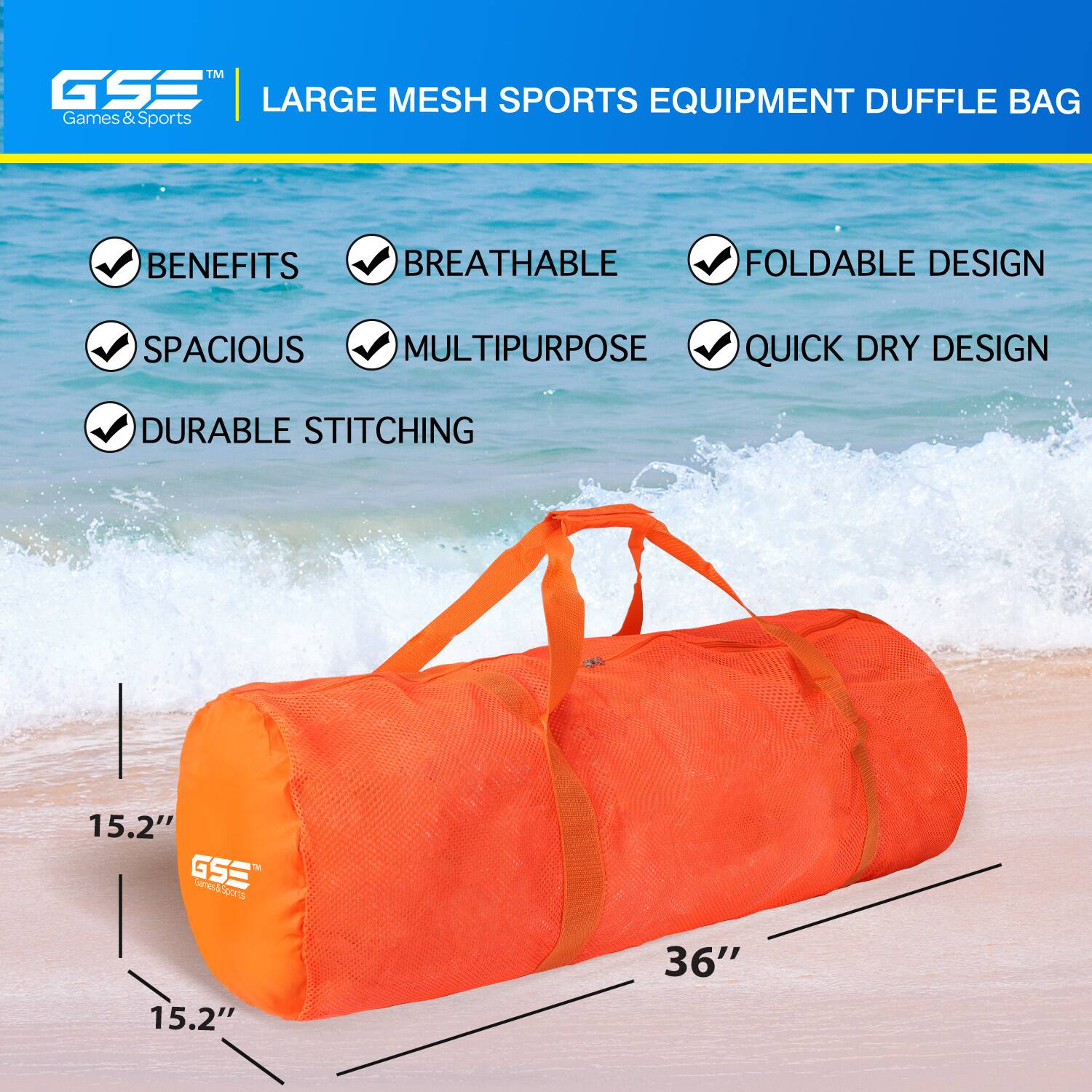 TM GSE LARGE MESH SPORTS EQUIPMENT DUFFLE BAG Games & Sports BENEFITS BREATHABLE FOLDABLE DESIGN SPACIOUS MULTIPURPOSE QUICK DRY DESIGN DURABLE STITCHING 15.2" 15.2" 36"