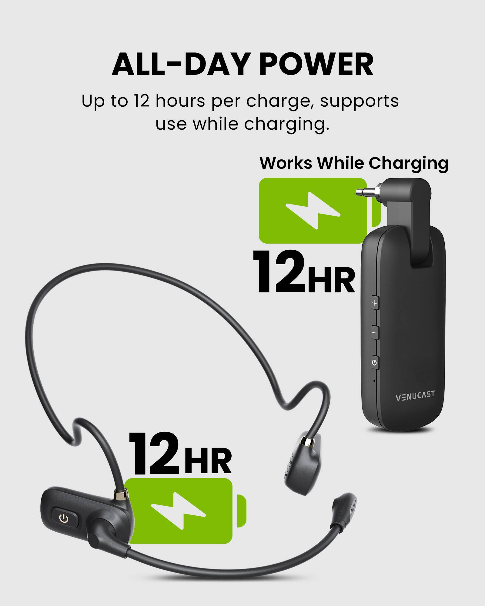 ALL-DAY POWER  
Up to 12 hours per charge, supports use while charging.  
Works While Charging  
12HR  
12HR  
VENUCAST