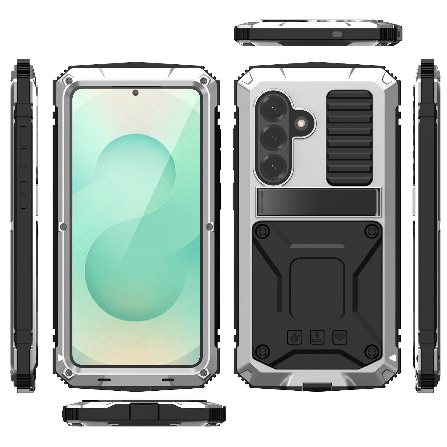 Alt View 4. Dteck - For Samsung Galaxy S26 Case Outdoor Sports Kickstand Rugged Heavy Duty Full Body Cover with Built in Screen Protector - Silver.