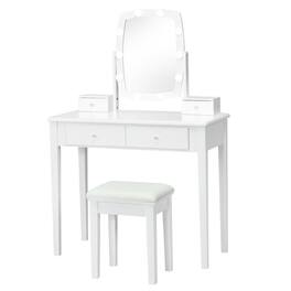 Gymax - Vanity Table Set with Lighted Mirror Adjustable 10 Bulbs Dresser 4 Drawer - White