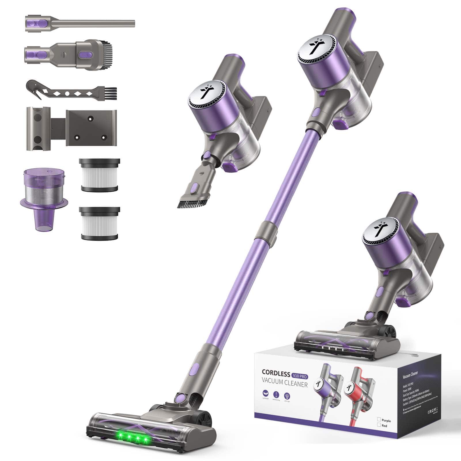 Teendow - 300W Cordless Stick Vacuum Cleaner, 50kPa Brushless Motor, 50-Min Runtime, for Carpet, Hard Floors & Pet Hair - Purple