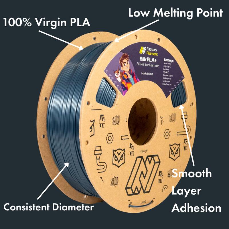 100% Virgin PLA  
Low Melting Point  
Factory Filament Silk PLA+  
Settings: 205-225C  
Made in USA  
Consistent Diameter  
Smooth Layer Adhesion
