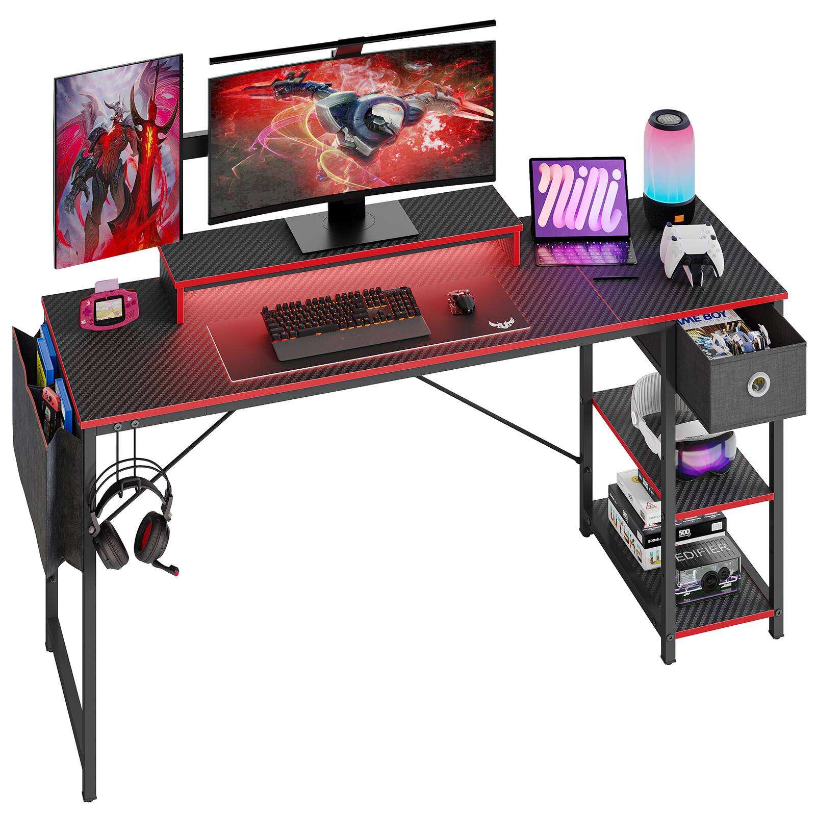 Bestier - 62-inch LED Computer Desk with Adjustable Shelves - Black Carbon Fiber