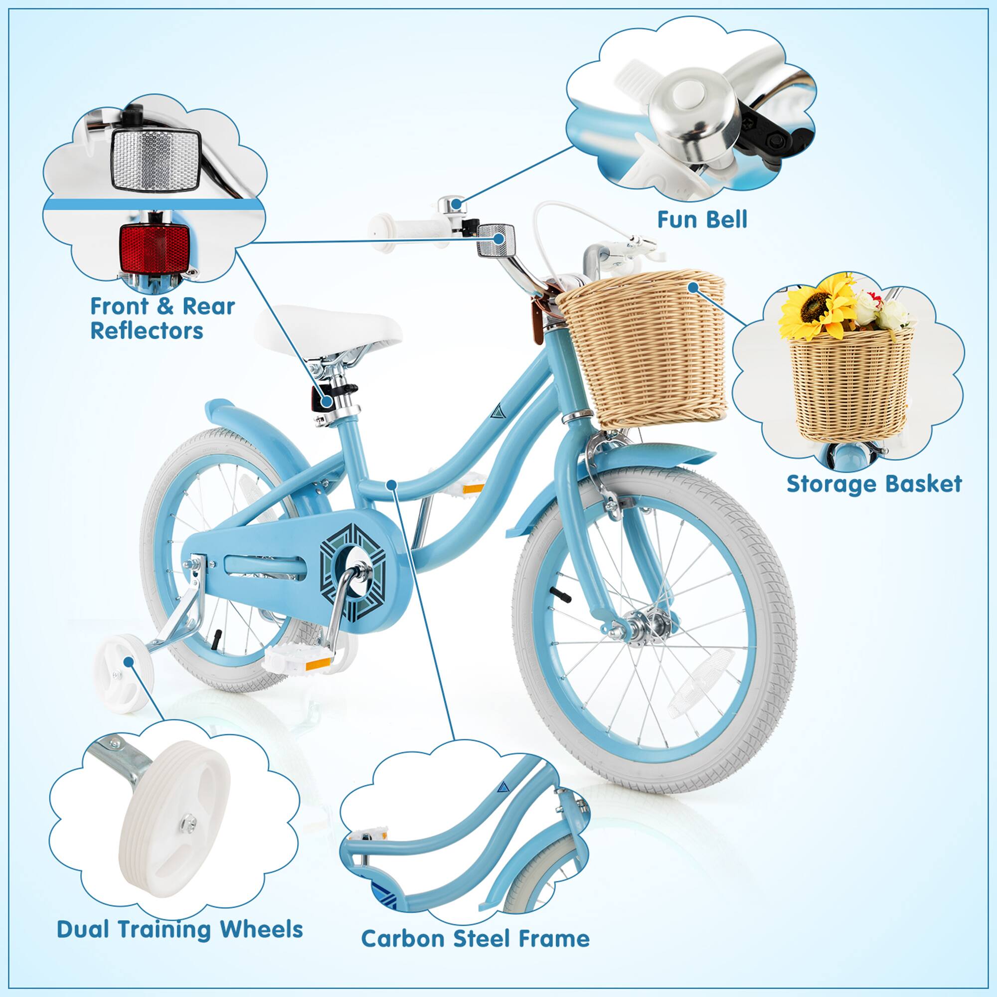 - Fun Bell
- Front & Rear Reflectors
- Storage Basket
- Dual Training Wheels
- Carbon Steel Frame